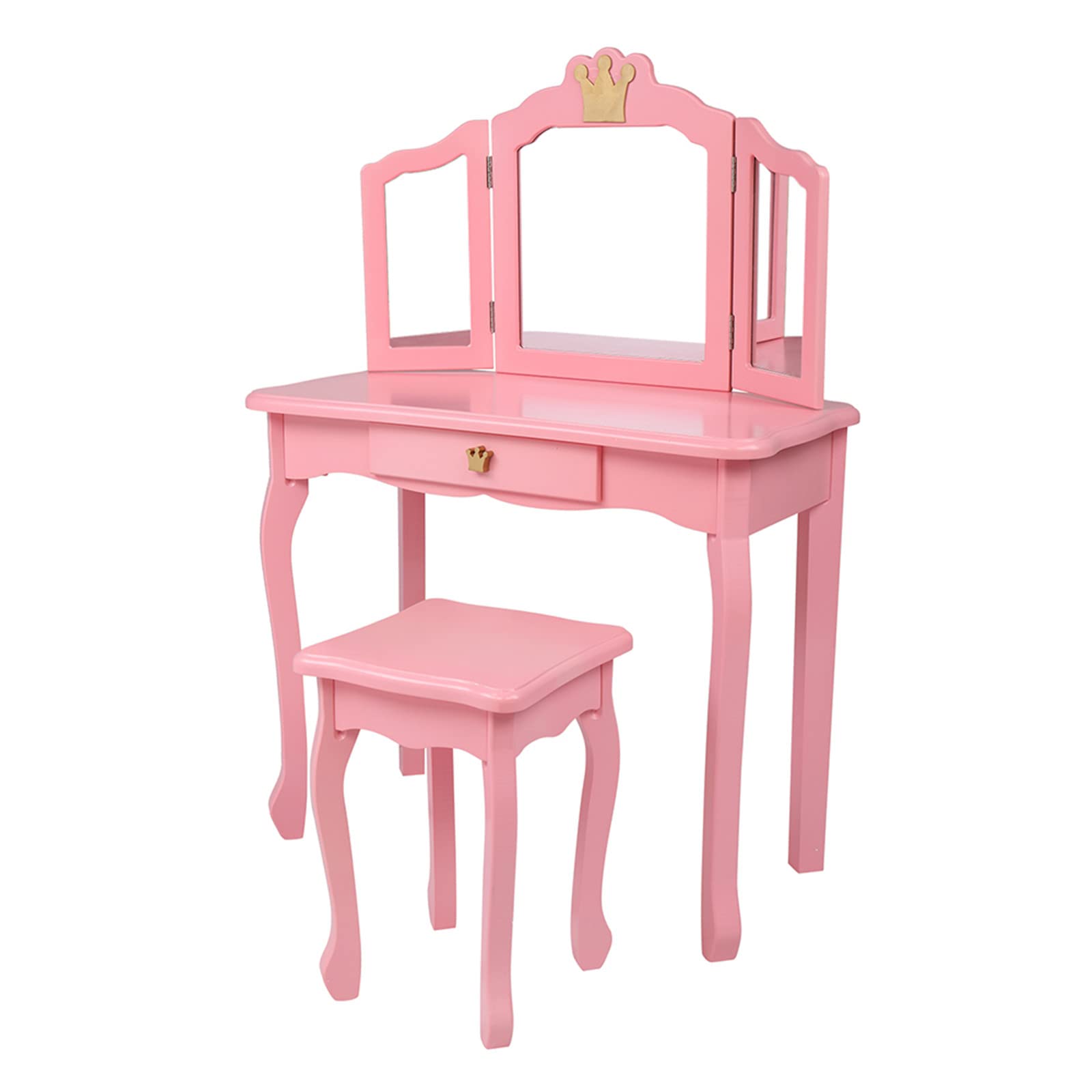 Tesmula Kids Wooden Dressing Table with 3-Sided Folding Mirror, Chair & Single Drawer - Pink Crown Style Princess Vanity Set for Bedroom | Perfect for Pretend Play, Birthday Gifts & Room Decor