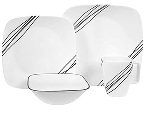 Corelle Squares Simple Sketch 16-Piece Dinnerware Set - White Square Plates & Bowls, Durable Vitrelle Glass for Everyday Use | Perfect for Family Dinners, Parties & Modern Kitchen Decor