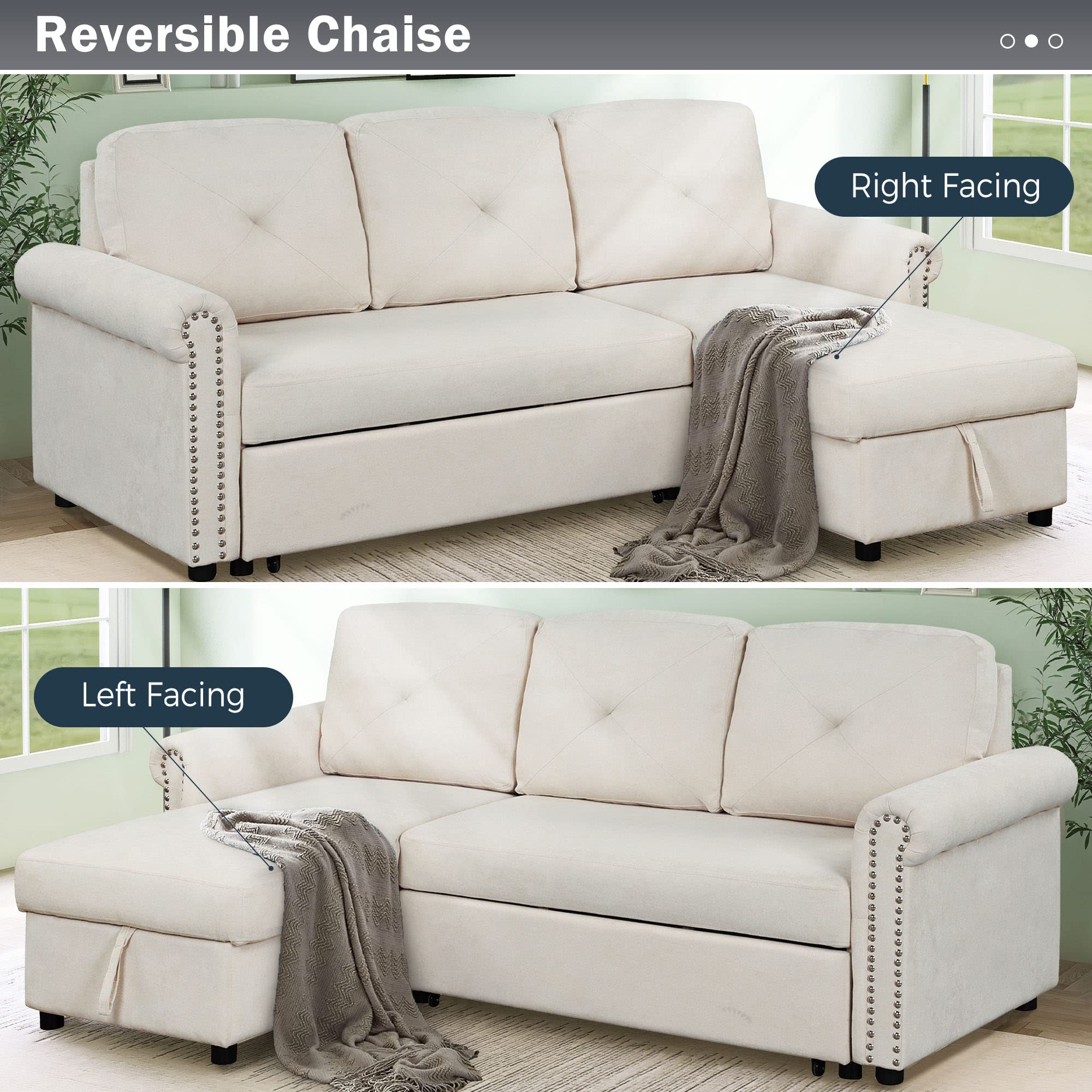 P PURLOVE Convertible Sectional Sofa Bed - 3-Seater L-Shaped Sleeper Couch with Storage Chaise & Pull-Out Mechanism | Modern Living Room Furniture Set (Beige) | Perfect for Small Spaces, Guest Rooms & Apartments