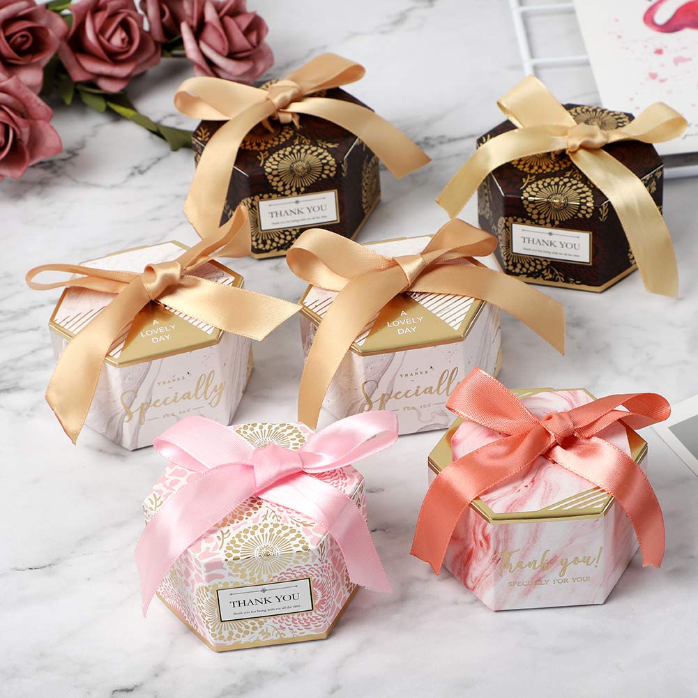 Hexagon Candy Boxes with Ribbon - 100PCS for Baby Shower, Wedding Favors & Gift Packaging (Silver)