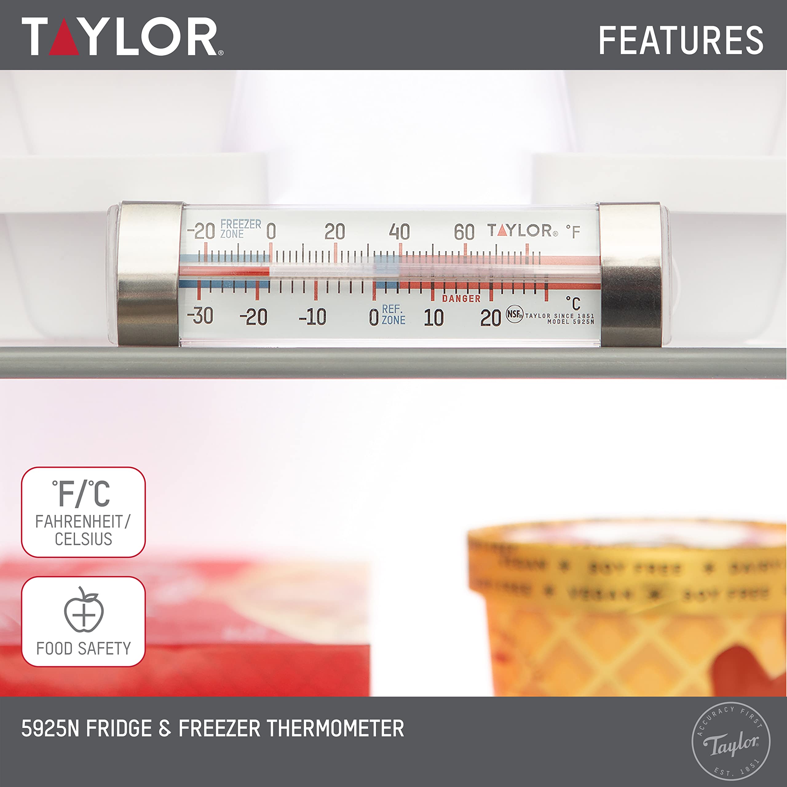 Taylor Large Tube Analog Refrigerator and Freezer Thermometer with Suction Cups - Accurate Temperature Monitor for Fridge, Freezer & Kitchen - Easy to Read Display for Food Safety & Storage Monitoring