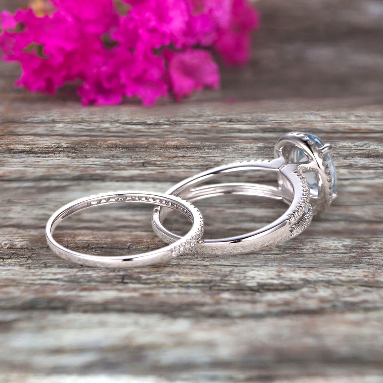 1.75 Carat Oval Cut Aquamarine Engagement Ring Set with Matching Wedding Band in 10k White Gold - Art Deco Style Bridal Jewelry for Anniversary, Proposal & Stackable Rings - Perfect for Weddings, Valentine's Day & Special Occasions