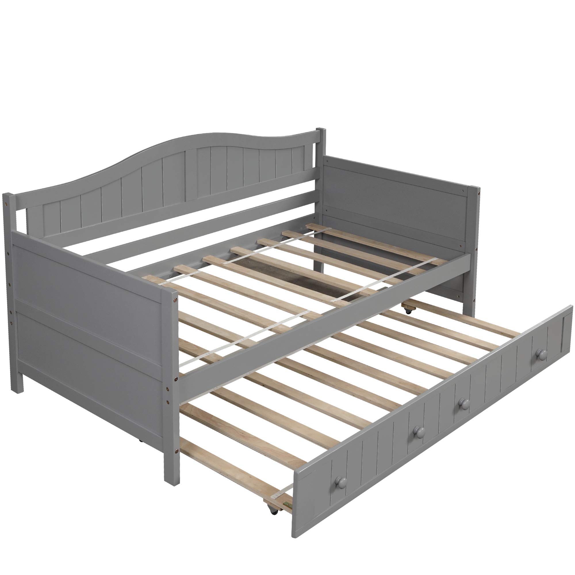 Triple Tree Twin Daybed Frame with Trundle - Solid Wood Platform Bed for Kids, Teens & Adults - 10-Slat Support - No Box Spring Needed - Gray - Perfect for Bedrooms, Guest Rooms & Small Spaces