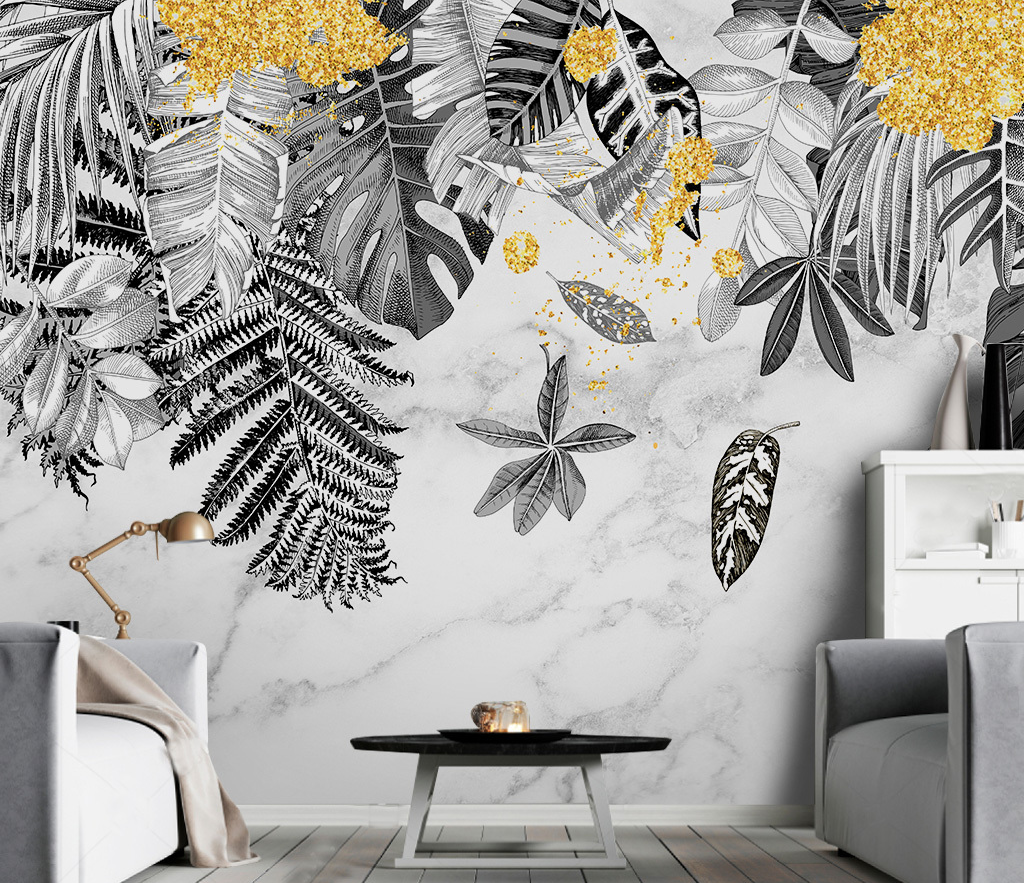 Yellow & Black Leaves Wallpaper Murals - Peel and Stick Self-Adhesive Wallpaper for Bedroom, Living Room, and Office Decor