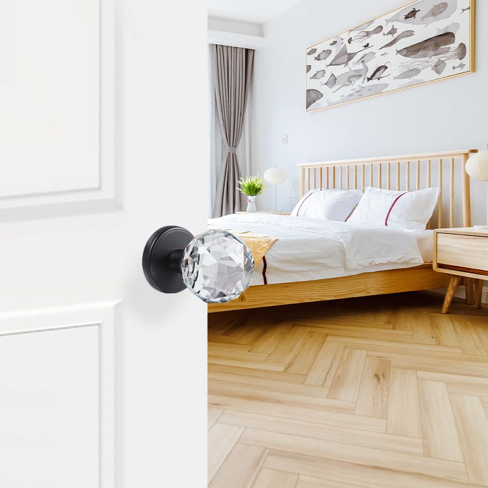 Premium Matte Black Crystal Glass Door Knobs - Interior Passage Set for Hallway, Closet & Bedroom Doors - Elegant Hardware for Modern Home Decor