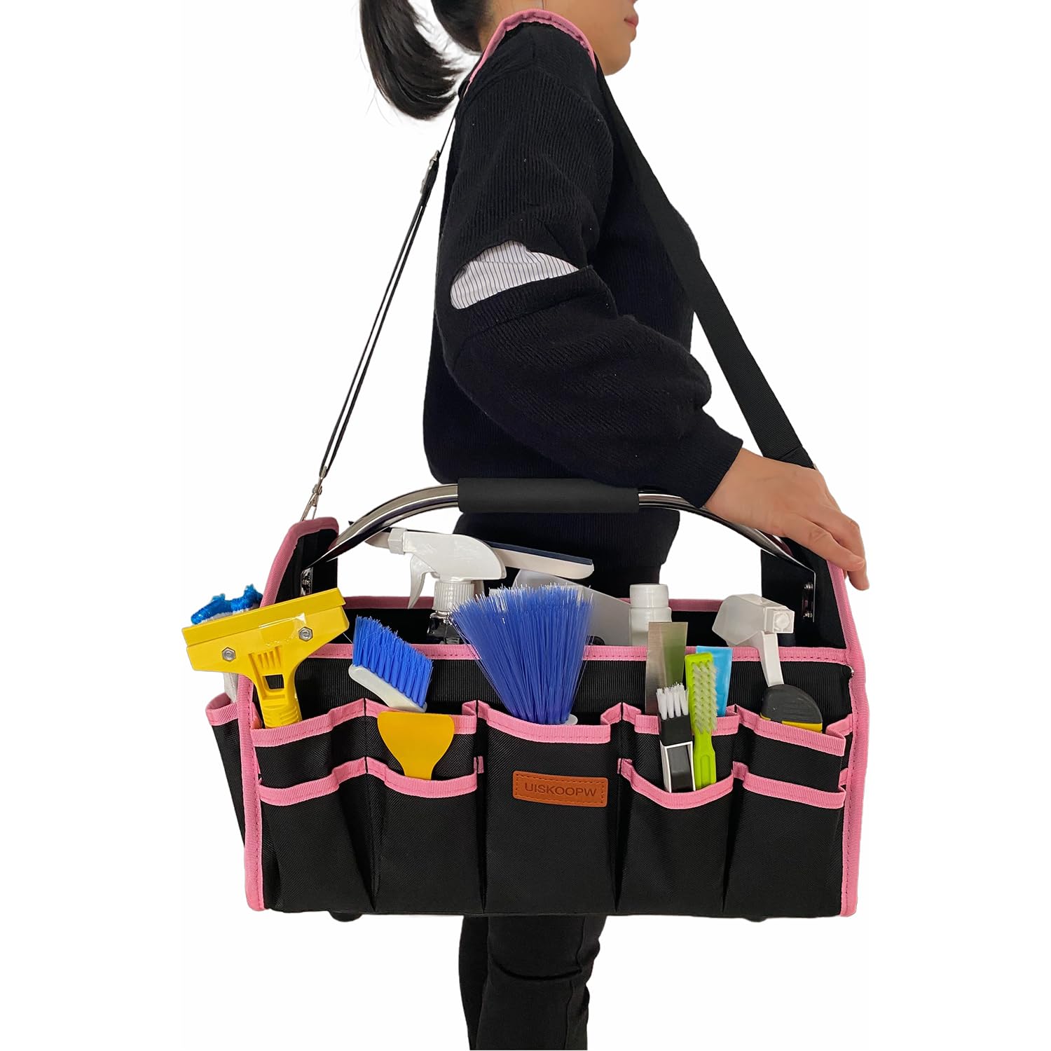 Pink Cleaning Caddy Organizer with Handle - Portable Storage for Cleaning Supplies, Housekeeping & Car Detailing - Durable Cleaning Caddy Bag for Home, Office & Travel (Pink Trim)