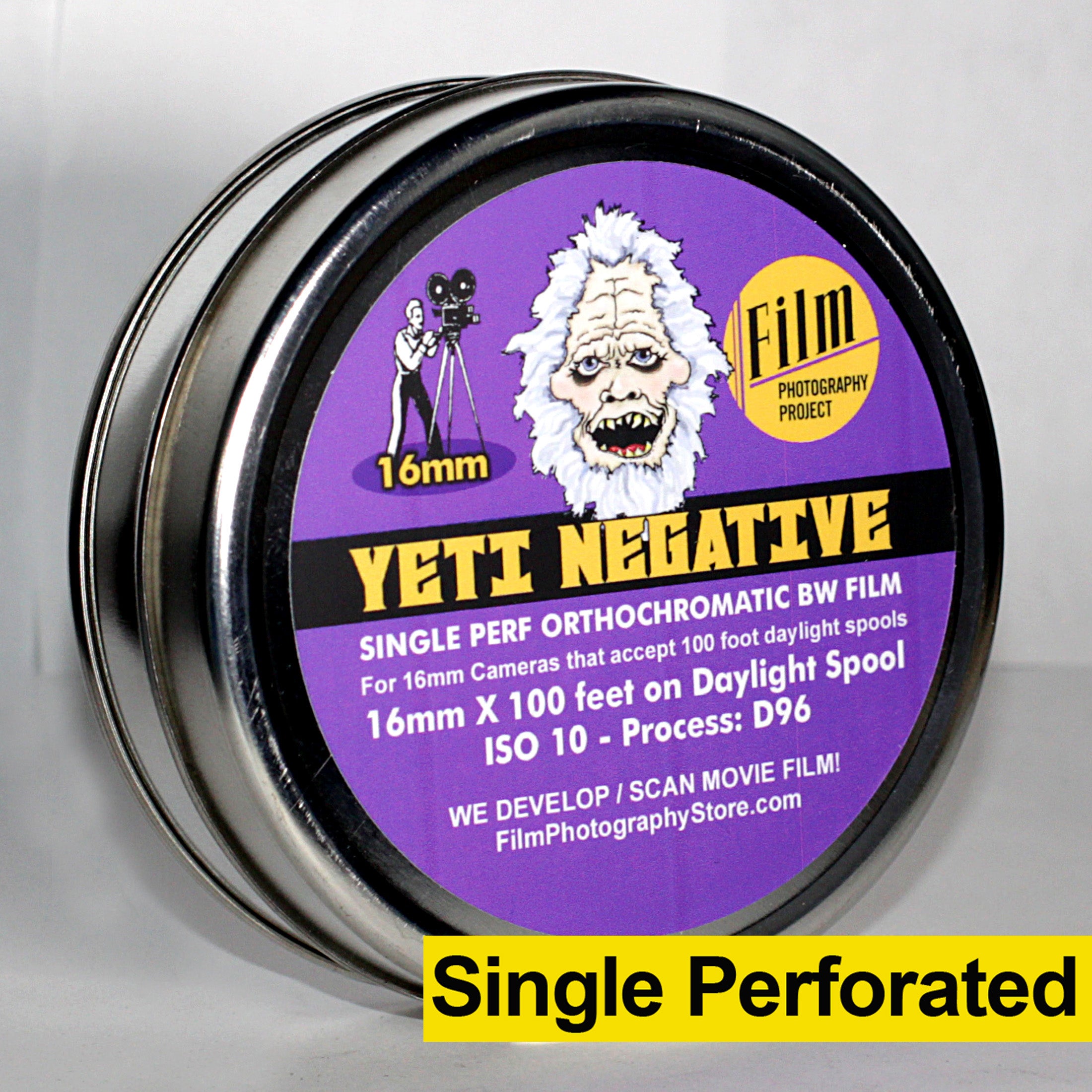16mm Single Perf FPP Yeti BW Negative Film 100ft - Ideal for Classic Black & White Cinematography & Vintage Film Projects