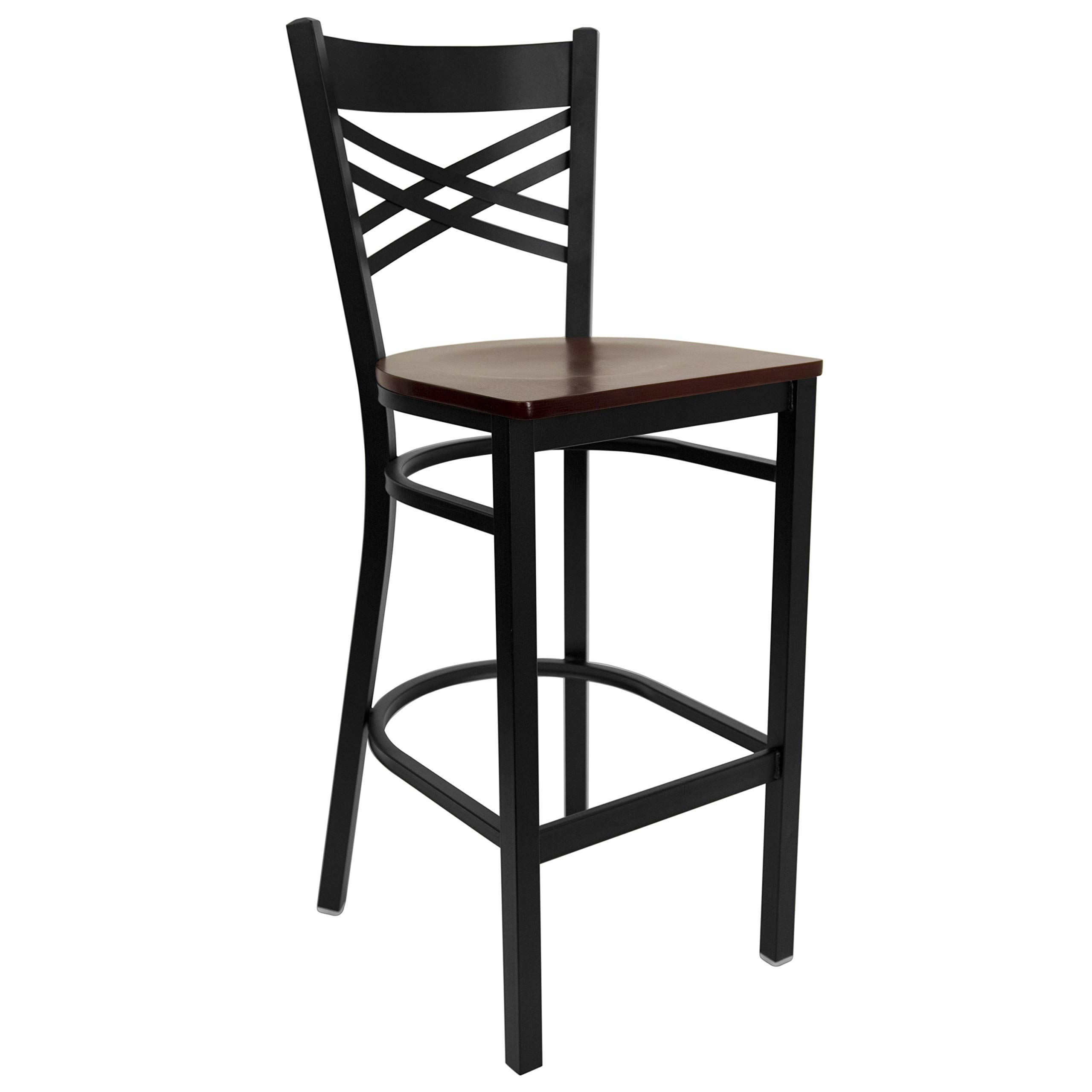 2 Pack Black X-Back Metal Bar Stools with Mahogany Wood Seat - Heavy Duty Counter Height Stools for Kitchen Island, Restaurant, Bar & Home Decor