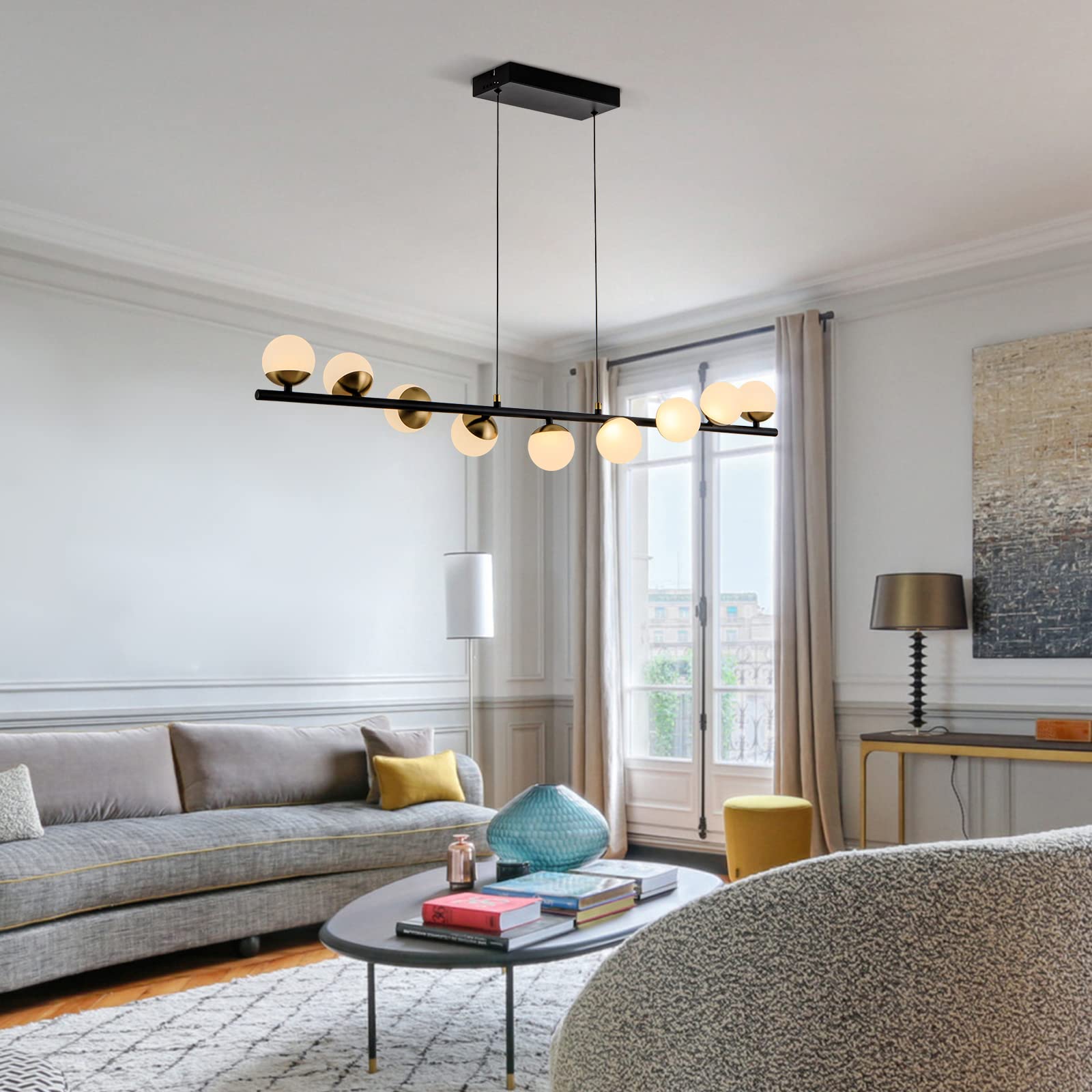 Modern Globe Pendant Lighting - 9-Light LED Dimmable Black & Gold Linear Chandelier for Dining Room, Kitchen, Living Room | Mid-Century Style Hanging Light Fixture | Perfect for Home Decor, Restaurant Lighting, and Office Spaces