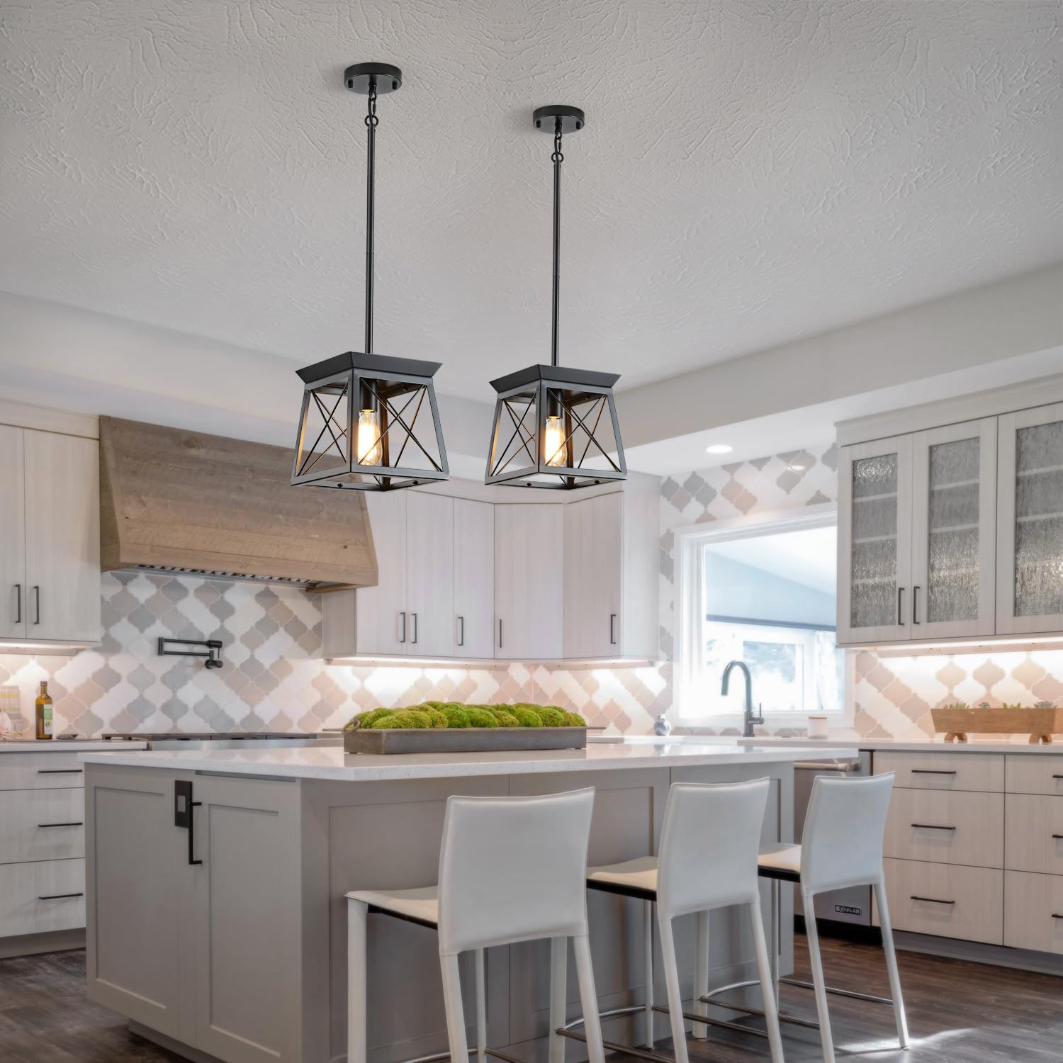 HuixuTe Black Farmhouse Pendant Lights - Industrial Kitchen Island Lighting Fixtures, Rectangle Linear Cage Chandeliers for Kitchen & Dining Room Table | Perfect for Farmhouse, Industrial & Modern Home Decor