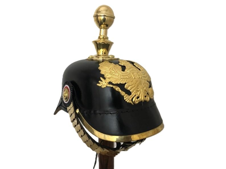 Authentic Black German Pickelhaube Helmet with Brass Badge - Prussian Military Helmet for LARP, Reenactment & Cosplay | Perfect Historical Costume Accessory & Unique Gift for Men | Great for Theater Performances, Halloween & WWI Events