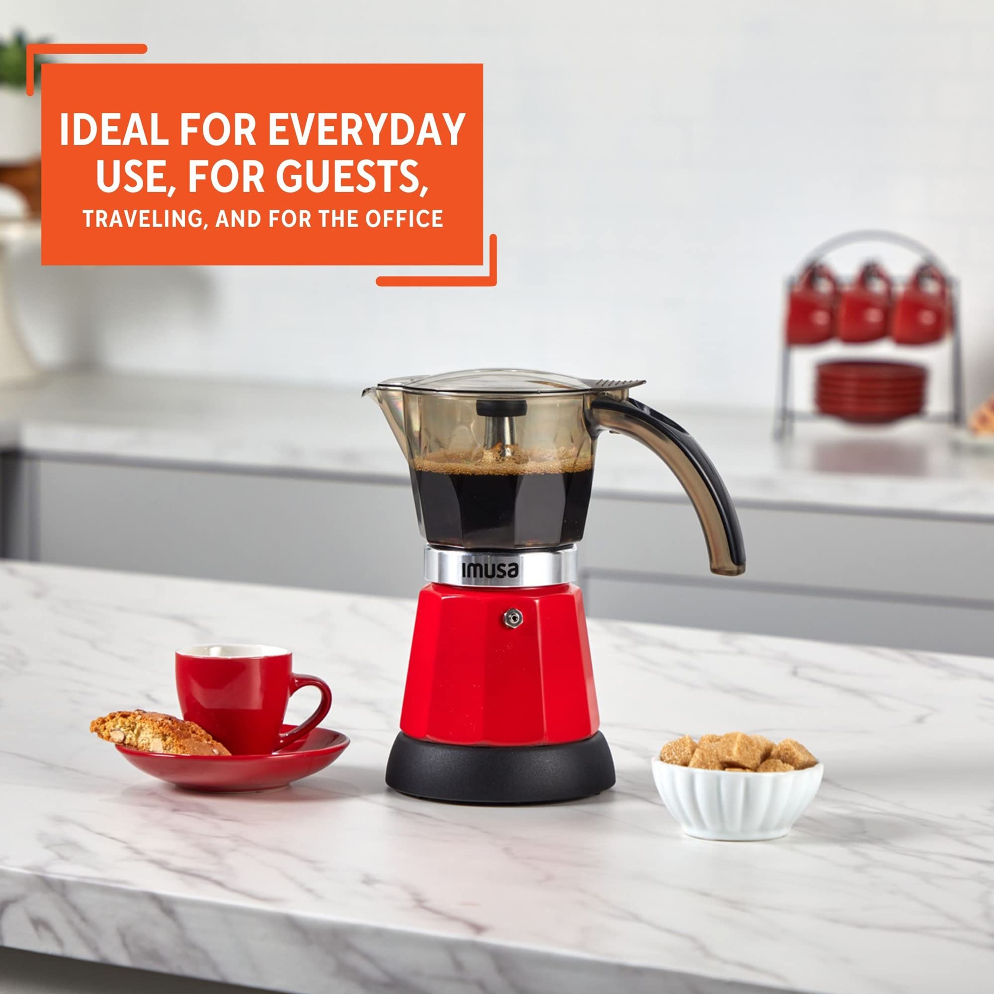 IMUSA 6-Cup or 3-Cup Electric Espresso Coffee Maker Machine, Stainless Steel with Red Finish - Perfect for Home, Office, or Small Kitchen Use