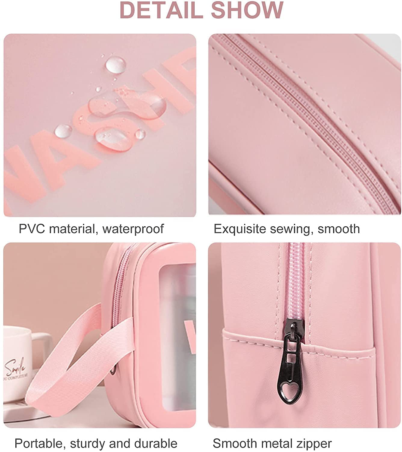 Large Clear Travel Cosmetic Bag - Makeup Pouch for Women & Girls | Pink Toiletry Organizer for Trips