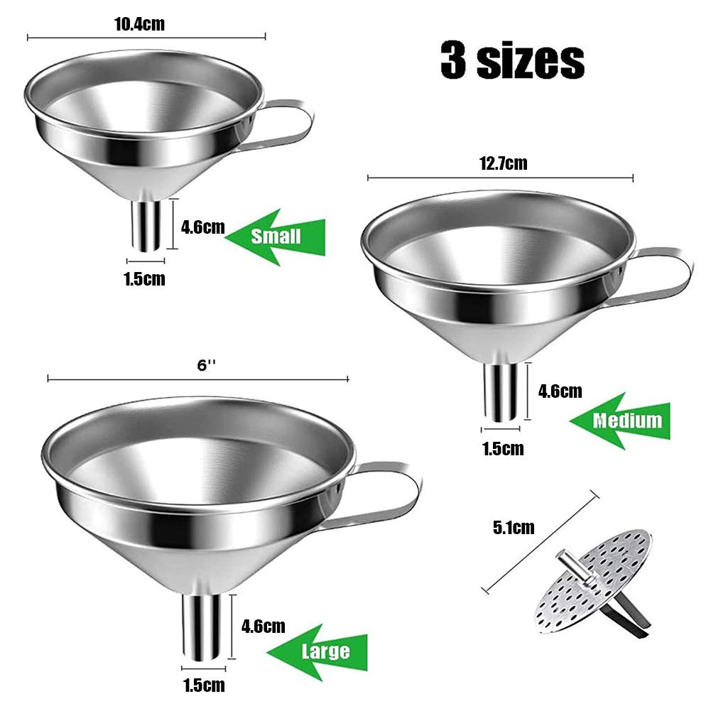 Premium Stainless Steel Funnel Set - 3-Piece Kitchen Strainer with Removable Filter for Liquids, Oils, Jams & Powders | Wide Mouth Canning Funnels for Cooking, Baking, Home Brewing & DIY Projects | Durable & Easy Clean