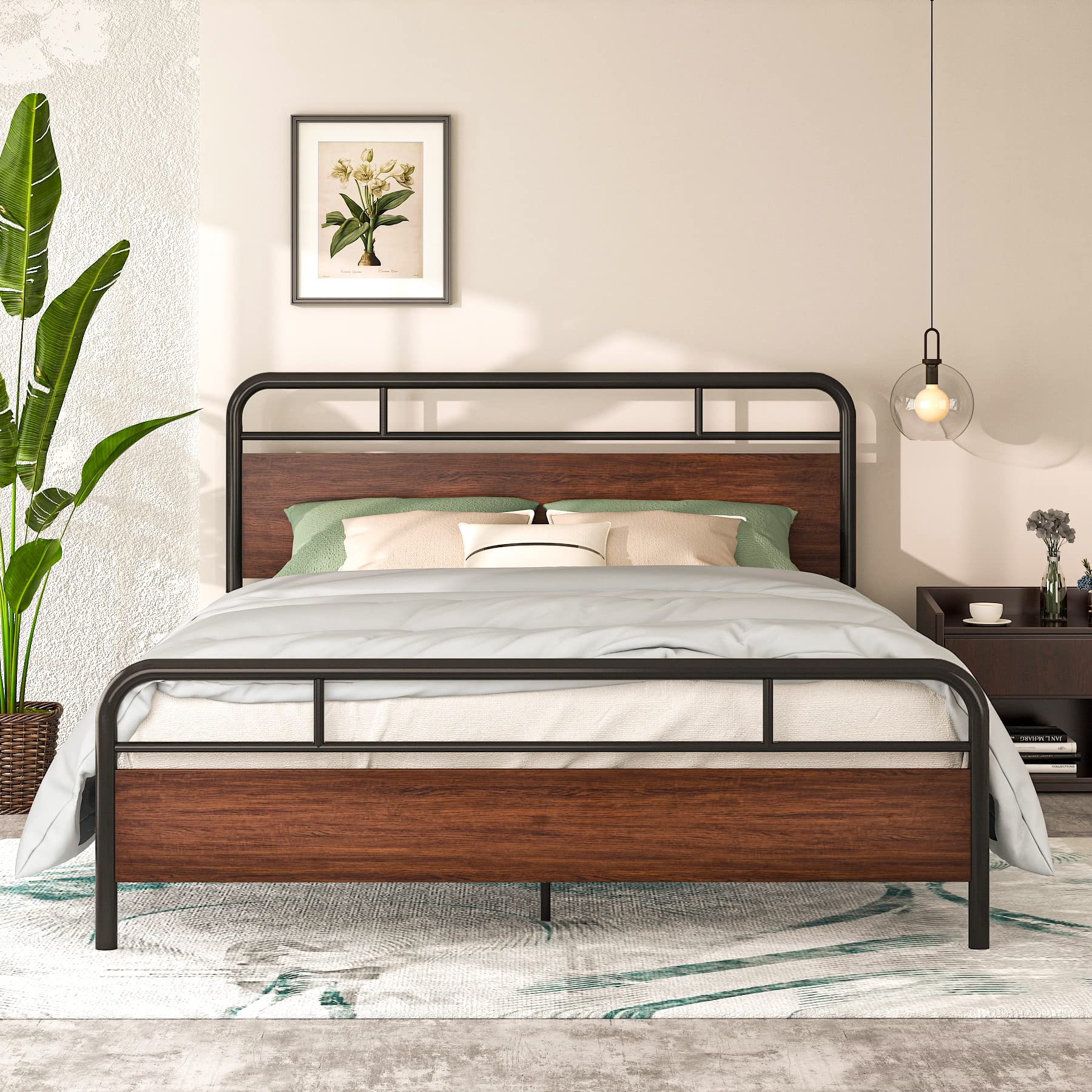 Industrial Style Queen Bed Frame with Wood Headboard - 12