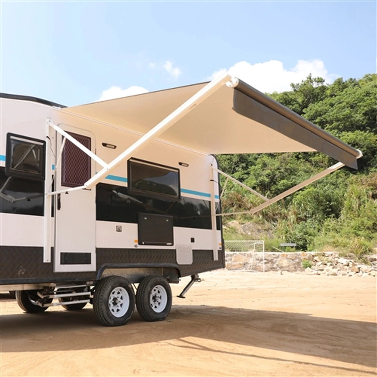 Aleko 8x8 Feet Motorized Retractable RV Awning - White/Black Fade - Perfect for Camping, Outdoor Relaxation & RV Shade Protection
