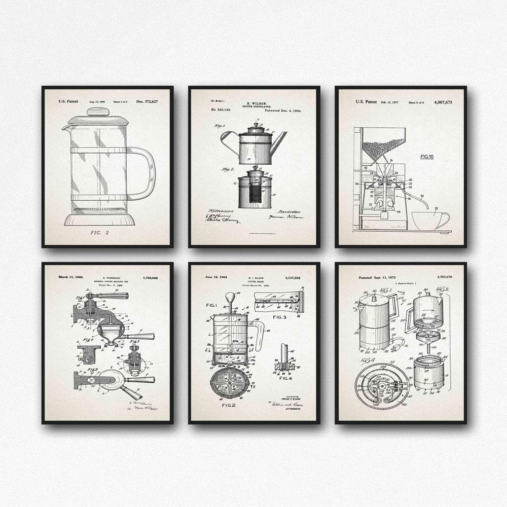 Vintage Coffee Patent Blueprints - Set of 6 Framed Coffee Wall Art Prints (13x19 Inches, Ivory) for Cafe, Diner & Home Decor | Perfect Coffee Shop Art & Kitchen Wall Decor