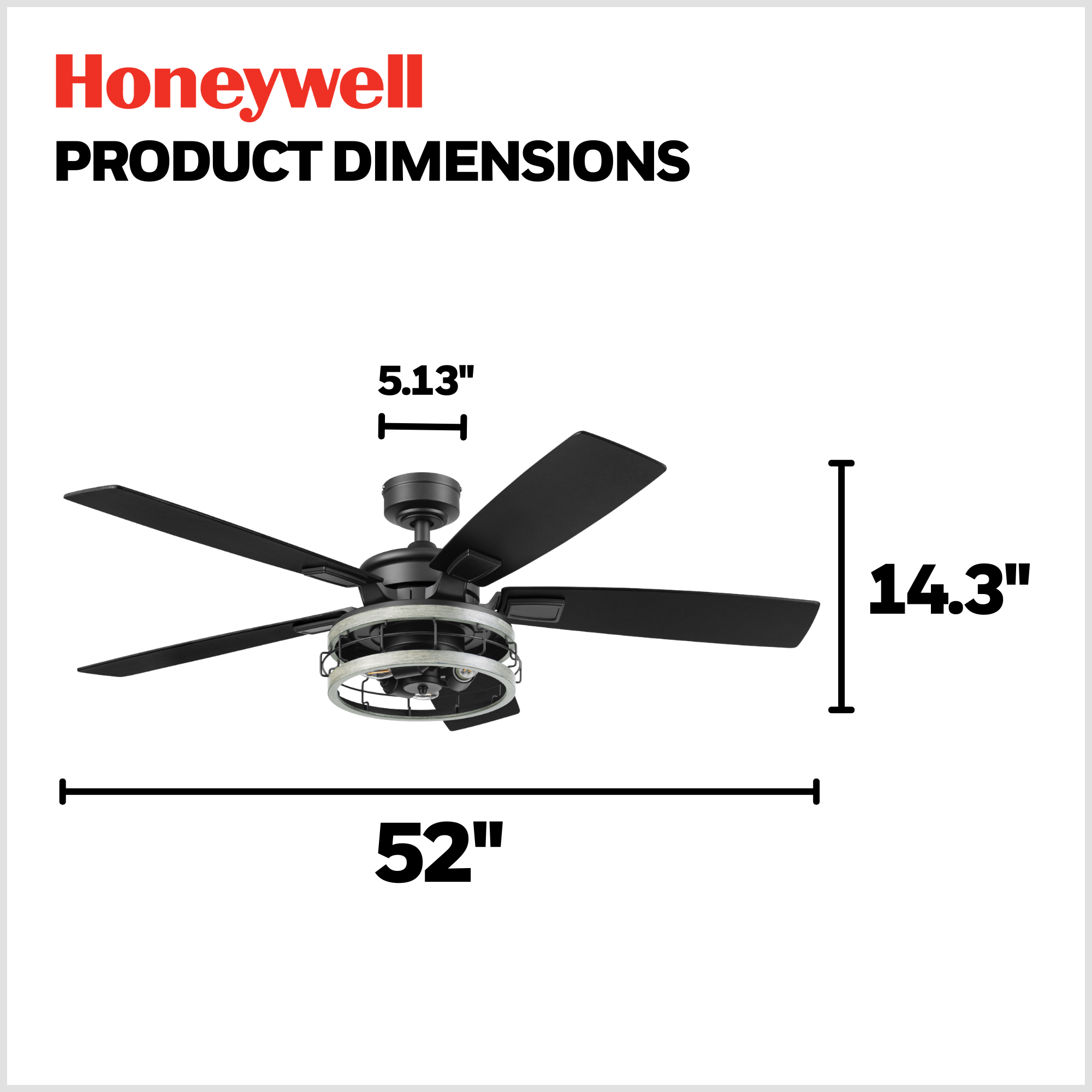 52 Inch Honeywell Carnegie Matte Black Ceiling Fan with Gray Cage Light & Remote Control - Perfect for Living Room, Bedroom, and Outdoor Covered Patio