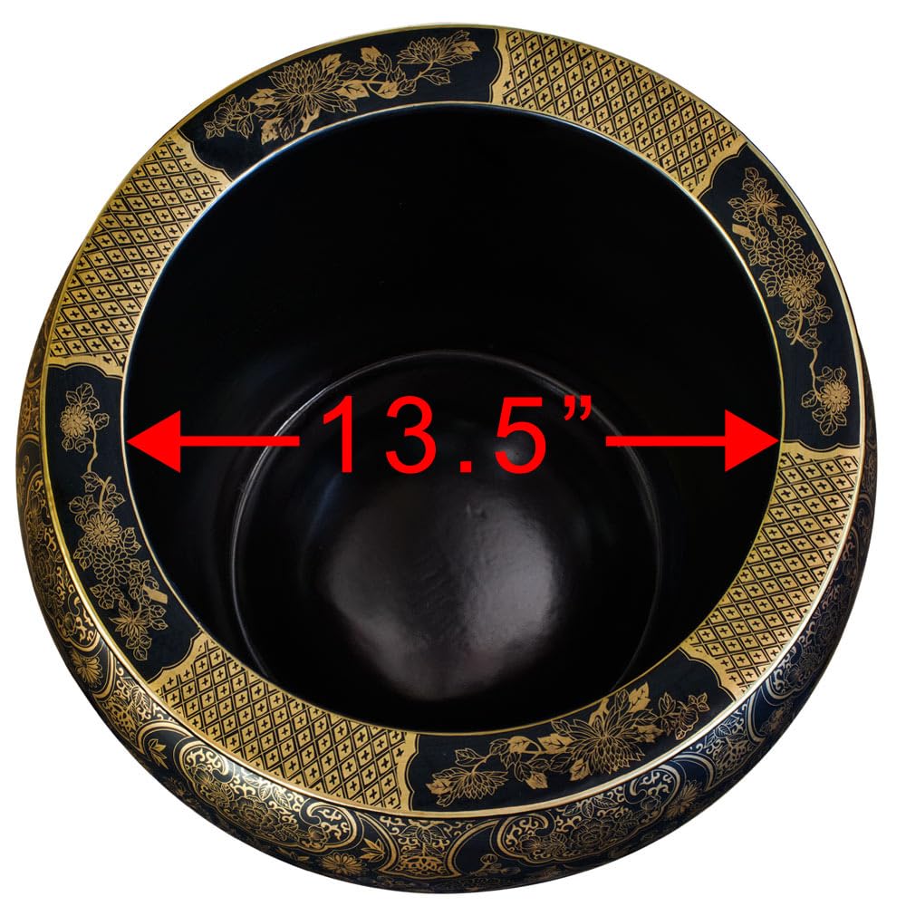 17 Inch Black and Gold Gilded Porcelain Chinese Fishbowl Planter with Leaves and Vines Motif - Perfect for Home Decor, Office Plants, and Aquatic Displays