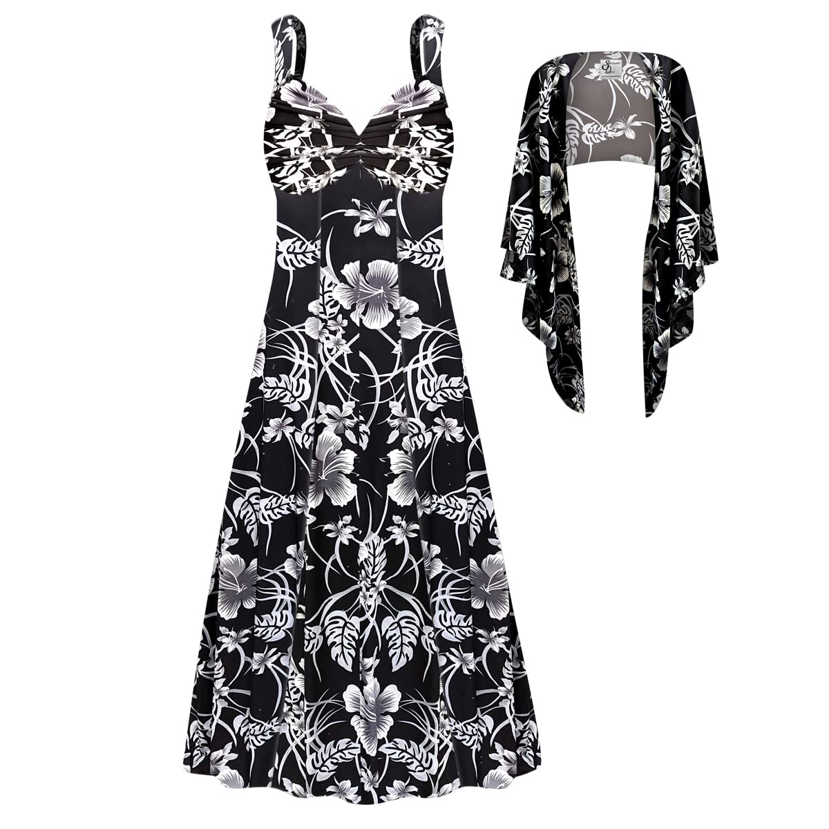 Sanctuarie Designs Plus Size Women's Elegant Party Dress - Silver Magnolia Print with Free Shawl | Formal Occasions, Weddings & Special Events
