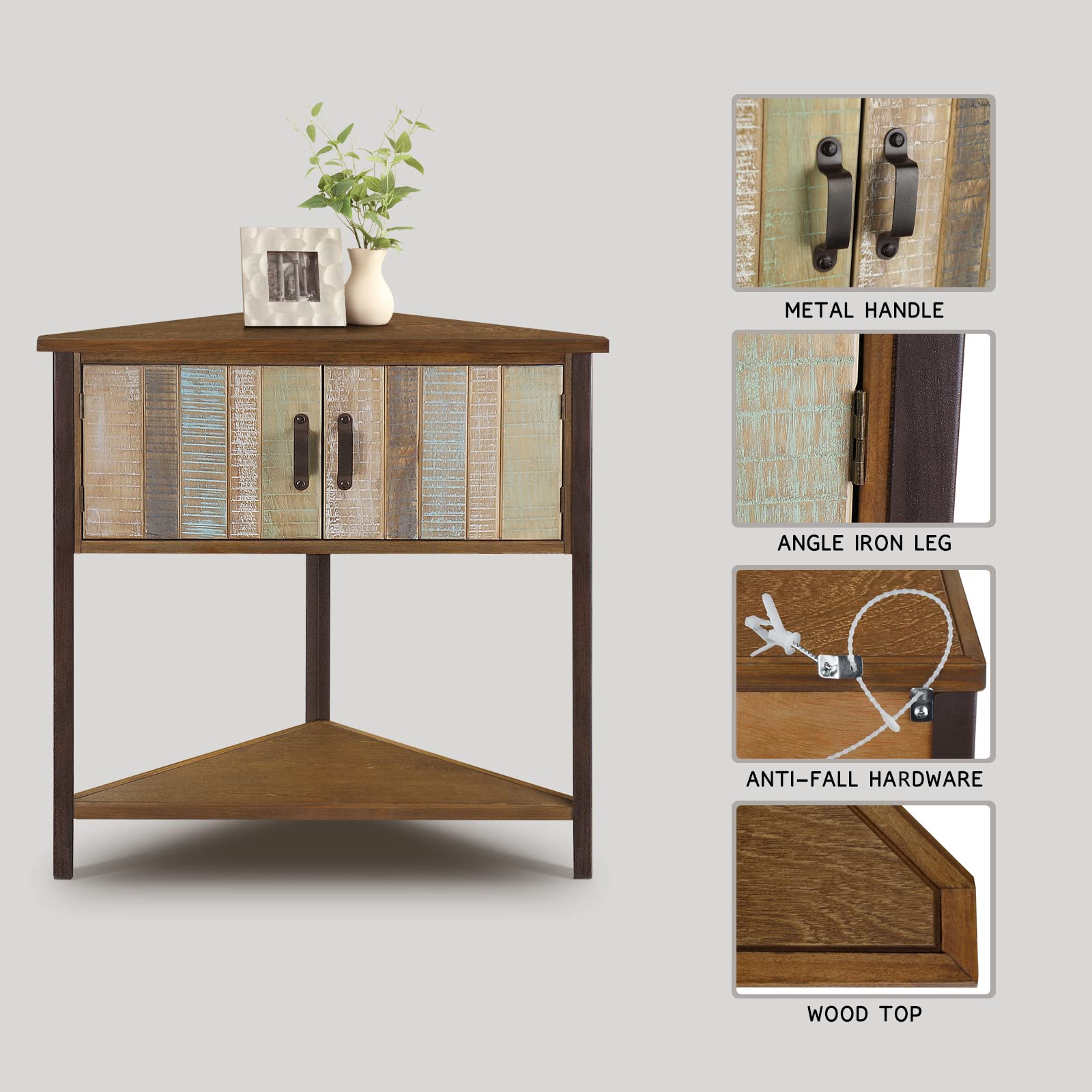 Solid Wood Corner Cabinet with Storage - Rustic Entryway Cabinet for Small Spaces, Living Room & Apartment Decor | Natural Blue Accent Table for Hallway, Bedroom & Cabin Style Homes