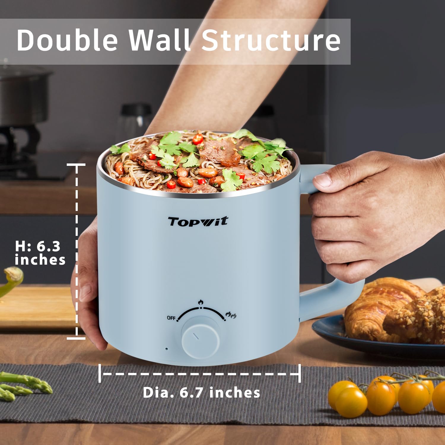 Topwit 1.6L Electric Hot Pot with Steamer - Multi-Functional Ramen Cooker for Pasta, Shabu-Shabu, Oatmeal, Soup & Eggs - Dual Power Control Portable Cooker - Perfect for Dorm Rooms, Office & Small Kitchens (Blue)