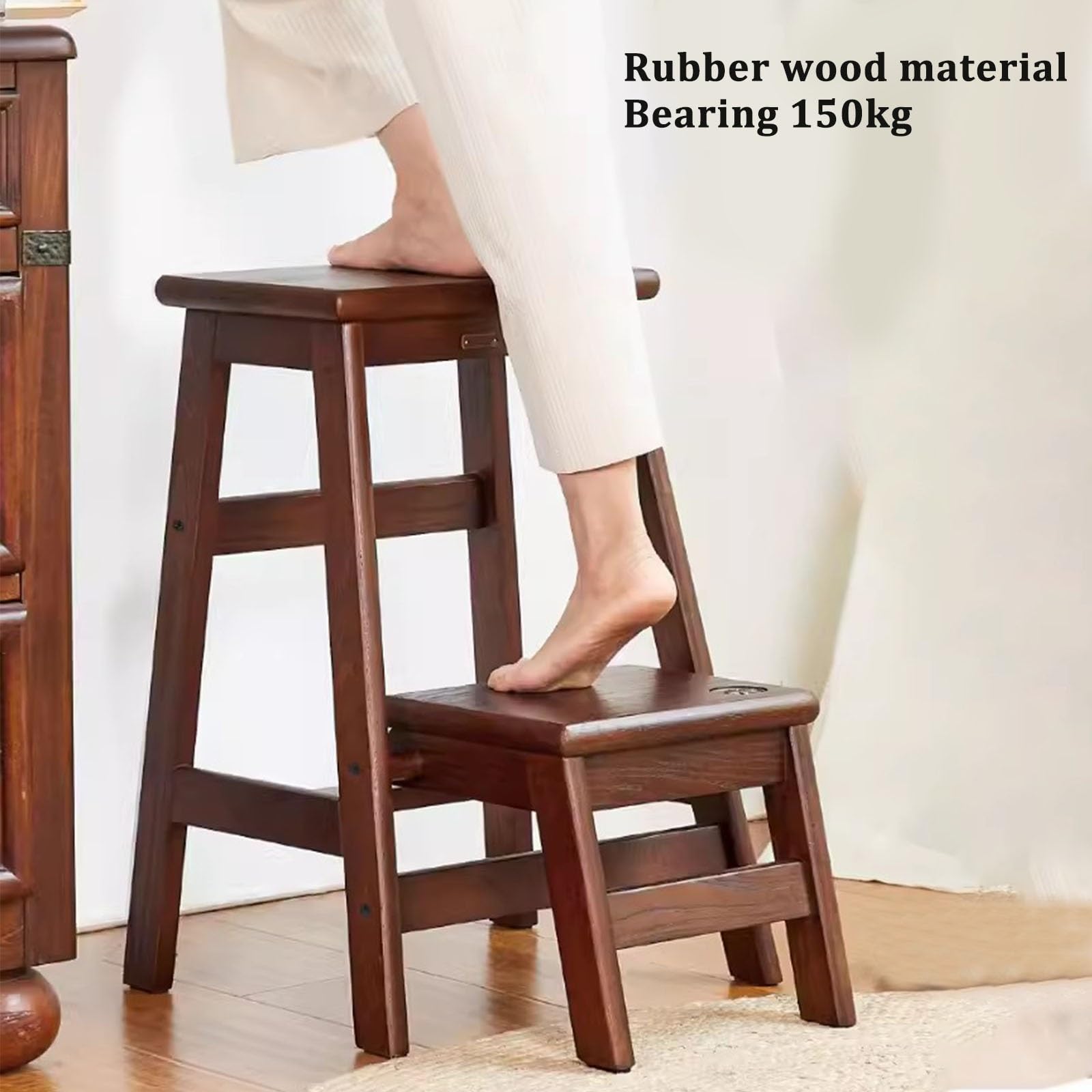 Solid Wood Step Stool - 2 Step Kitchen Stool with 150kg Weight Capacity, Shoe Storage Stool, High Bar Stool for Home & Office Use - Perfect for Reaching High Shelves, Organizing Shoes, and Extra Seating