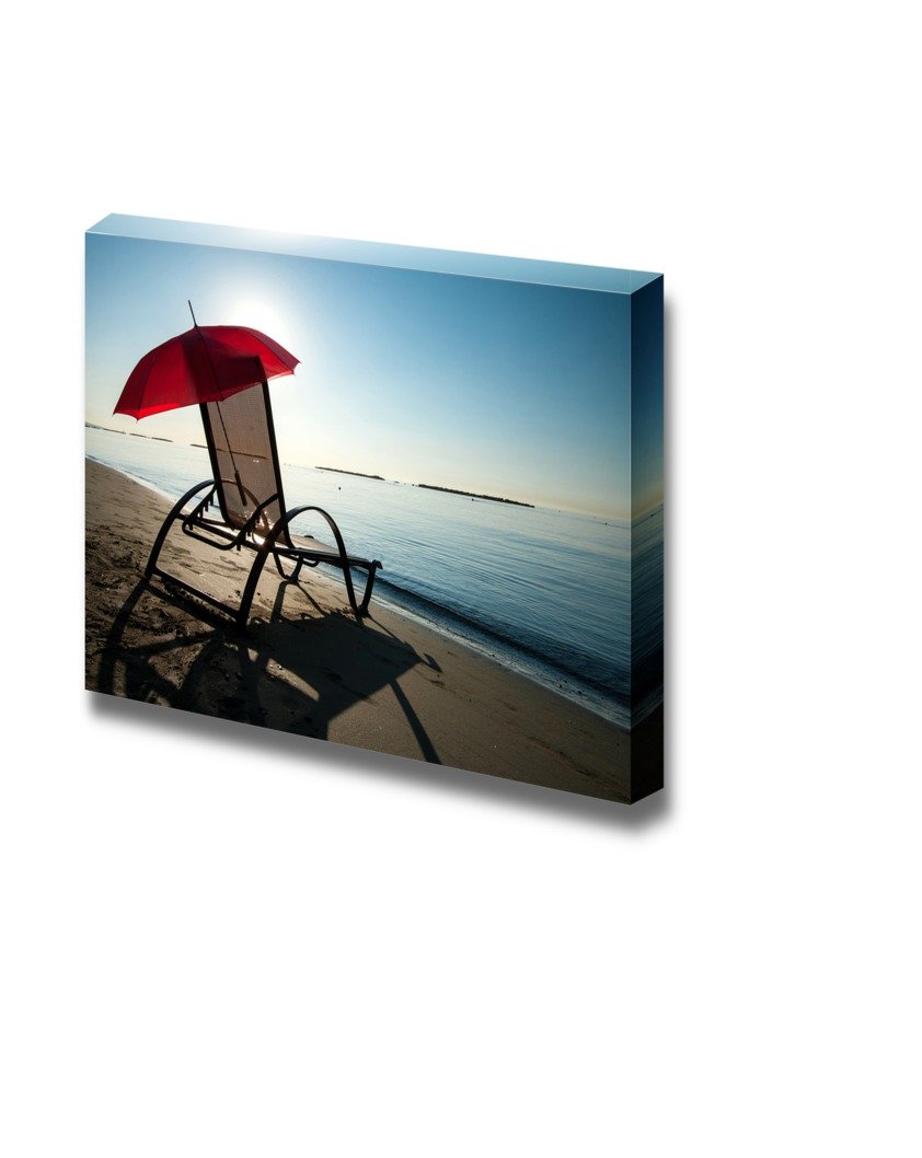 Tranquil Mediterranean Morning Beach Canvas Print - Red Umbrella & Chair Wall Art - 24x36 Inch Coastal Decor for Living Room, Bedroom & Office
