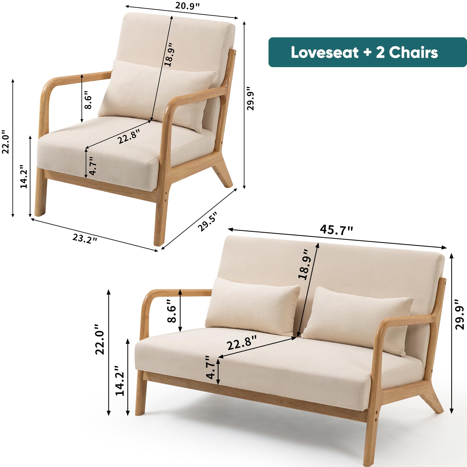 JOYBASE Mid-Century Modern Loveseat and 2 Accent Chairs Set - Compact Sofa for Small Spaces, Apartments, Offices - Beige Living Room Furniture | Perfect for Studio Apartments, Cozy Reading Nooks & Home Offices