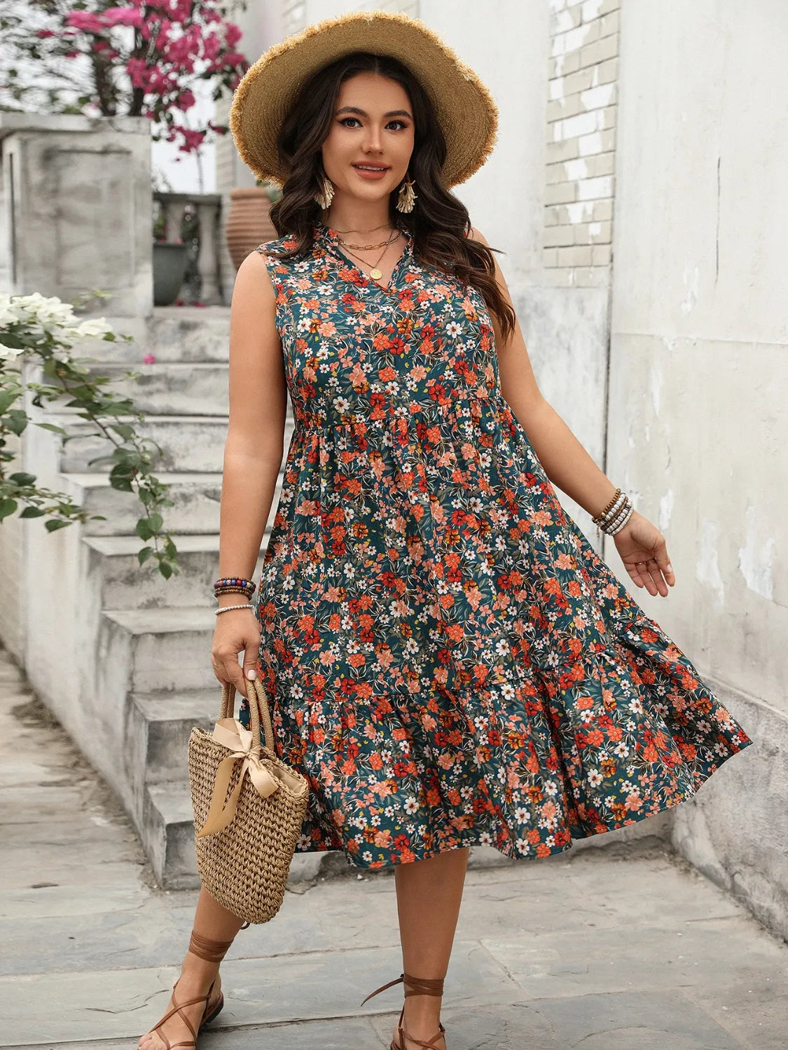Plus Size Floral Notched Sleeveless Dress for Women - Summer Casual Midi Dress with Pockets, Perfect for Beach Vacation, Wedding Guest & Office Wear