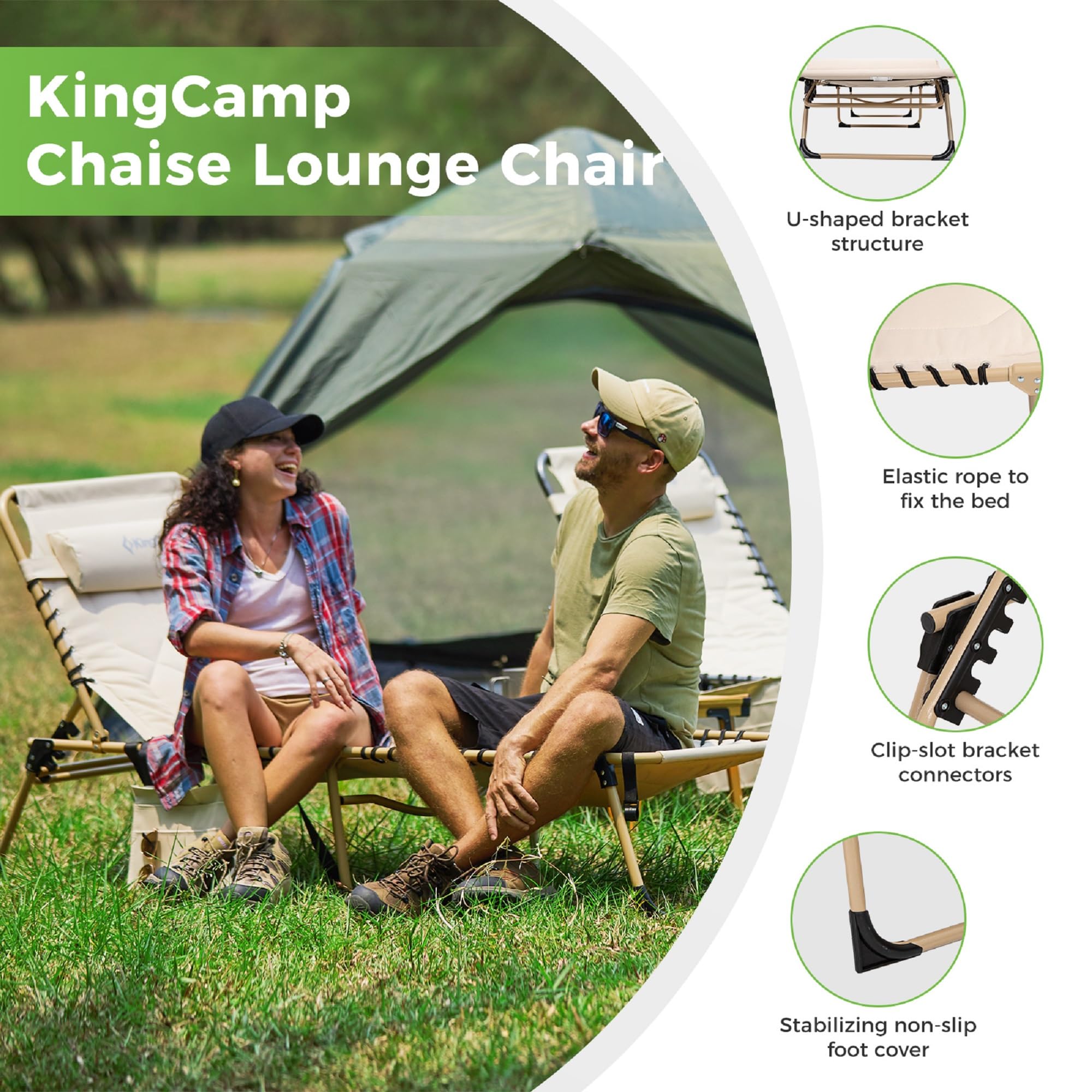 KingCamp Oversized Padded Folding Chaise Lounge Chair - Heavy Duty Adjustable Recliner with Pillow & Storage Pocket for Outdoor, Patio, Beach, Pool - Perfect for Sunbathing, Tanning & Relaxing in Beige