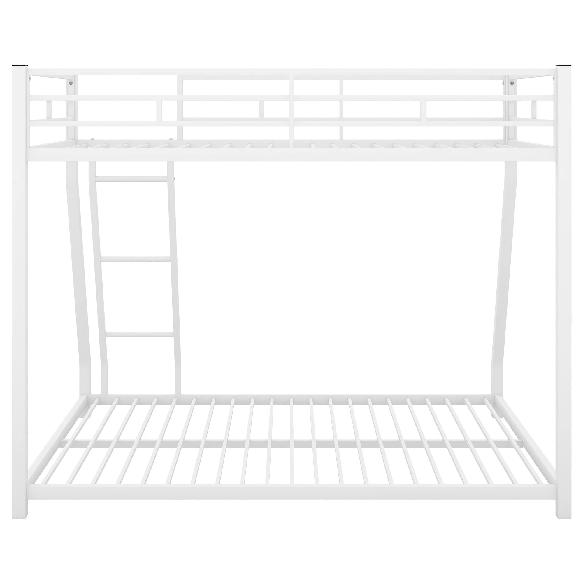 P PURLOVE Twin Over Full Low Profile Metal Bunk Bed Frame with Ladder - No Box Spring Required - Full-Length Safety Guardrails - Sturdy Design for Kids, Teens & Adults - White - Perfect for Small Bedrooms, Guest Rooms & Vacation Homes