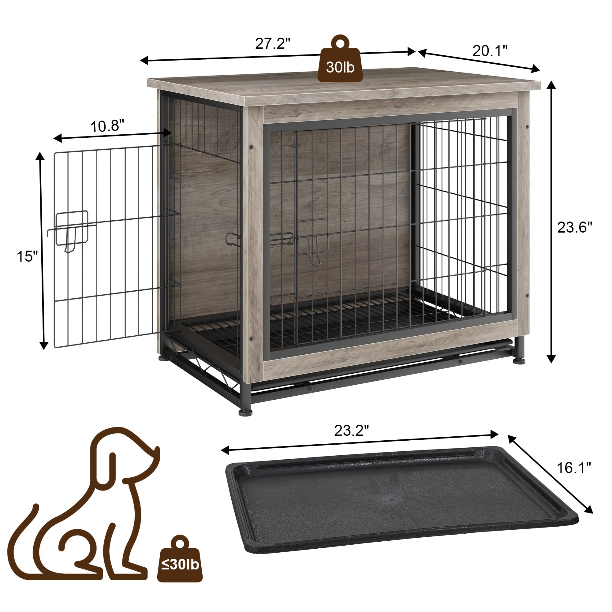 Premium Wooden Dog Crate Furniture with Double Doors - Indoor Kennel Cage for Small to Medium Dogs - Stylish Grey Pet Crate Table for Living Room, Bedroom & Home Decor