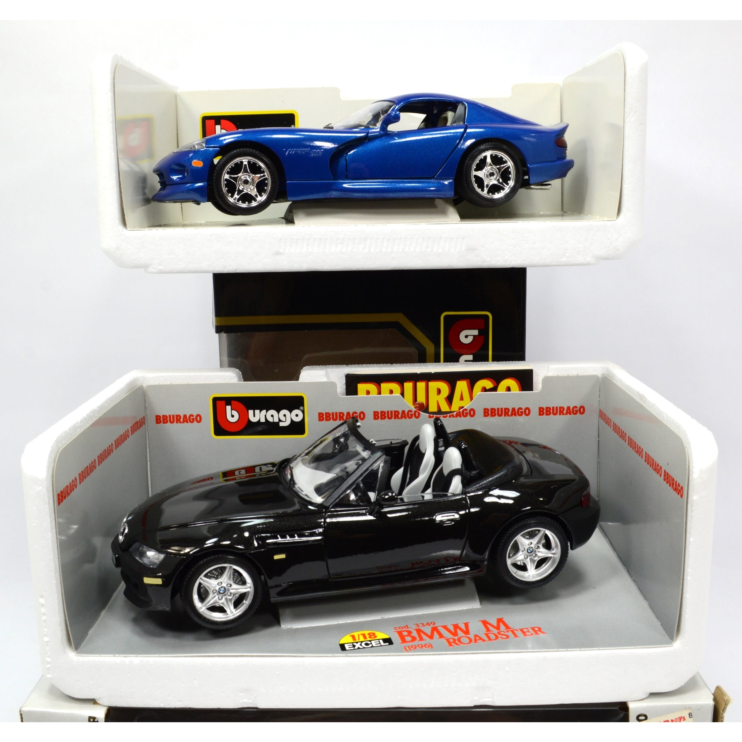 2-Pack BURAGO 1:18 Scale Diecast Model Cars - BMW M Roadster #3349 & Dodge Viper #3030 | Collectible Display for Car Enthusiasts & Perfect Gift for Auto Lovers