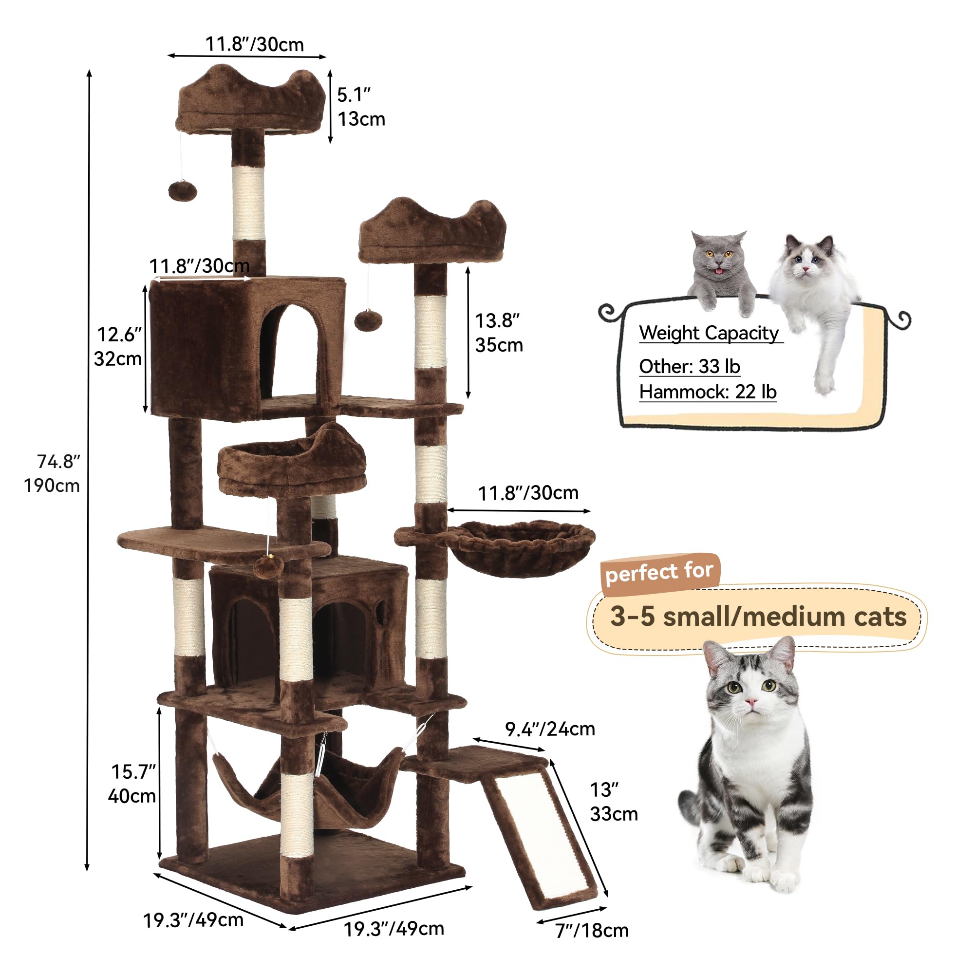 YITAHOME 75-Inch Multi-Level Cat Tower for Large Indoor Cats - Tall Cat Tree with Condos, Perches, Sisal Scratching Posts, Cozy Basket & Hammocks - Durable Pet Activity Structure for Play & Rest (Brown) - Perfect for Living Rooms, Bedrooms & Home Offices