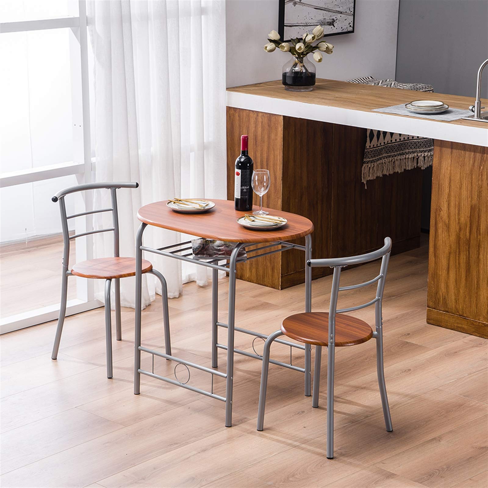Modern 3-Piece Wood Dining Table Set with 2 Stools, Contemporary Brown Kitchen Breakfast Table for Home, Perfect for Small Spaces and Compact Living Rooms