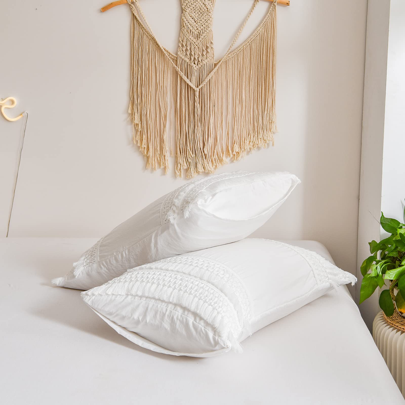 Premium King Size Pillow Cases Set of 2 - Soft Washed Microfiber Pillow Covers with Tassel Trim & Envelope Closure - White Boho Farmhouse Bedding for Master Bedroom, Guest Room & Home Decor