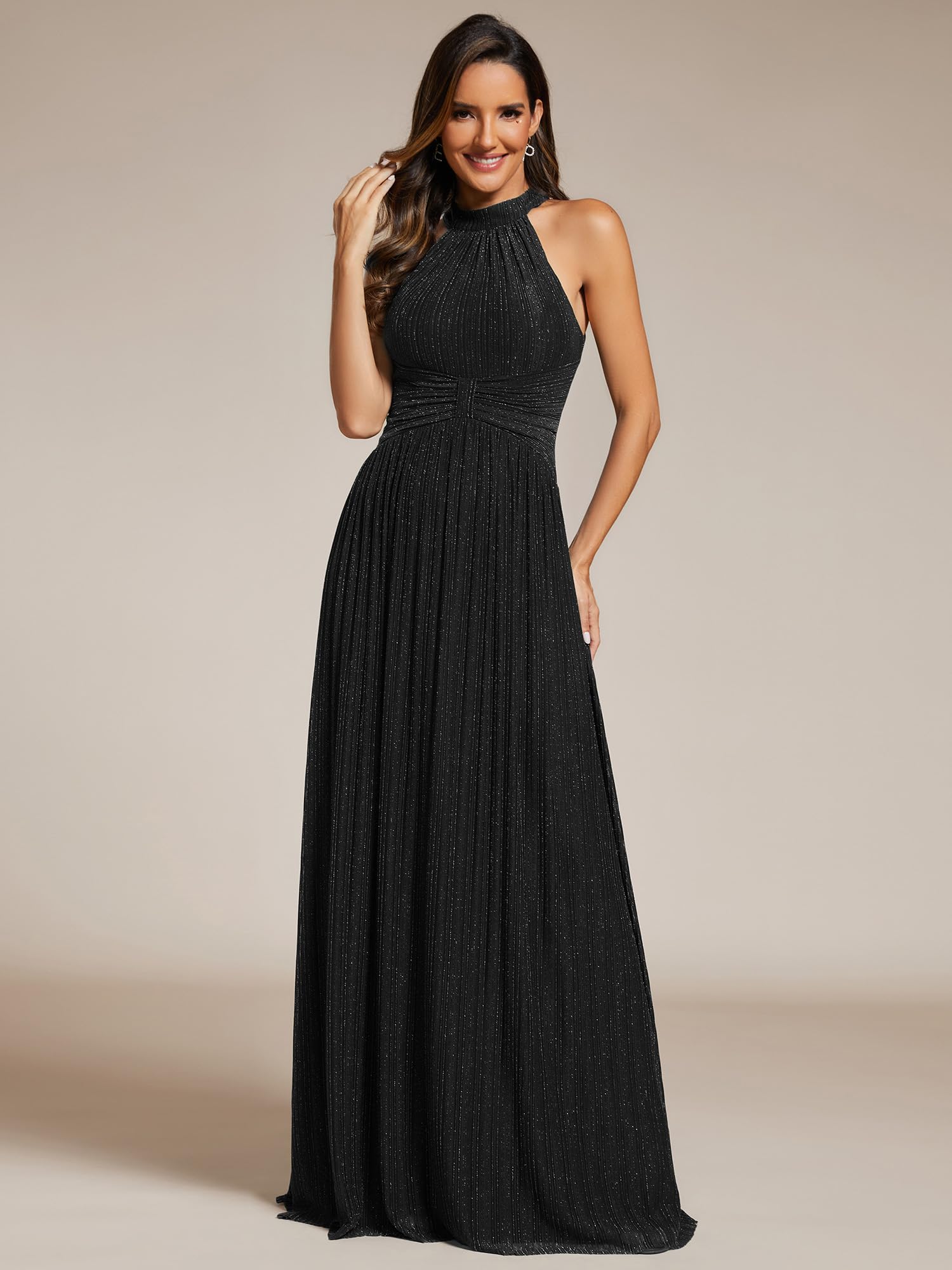 Ever-Pretty Women's Halter Neck Formal Evening Dress - Sleeveless Pleated Floor-Length Glitter Gown for Summer Parties, Prom, Wedding Guest & Special Occasions