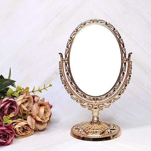 Premium Double-Sided Makeup Mirror with Stand - 1X & 5X Magnification, 360° Rotation, Copper Frame - Perfect for Vanity, Bathroom, Dressing Room & Travel (Pack of 1)