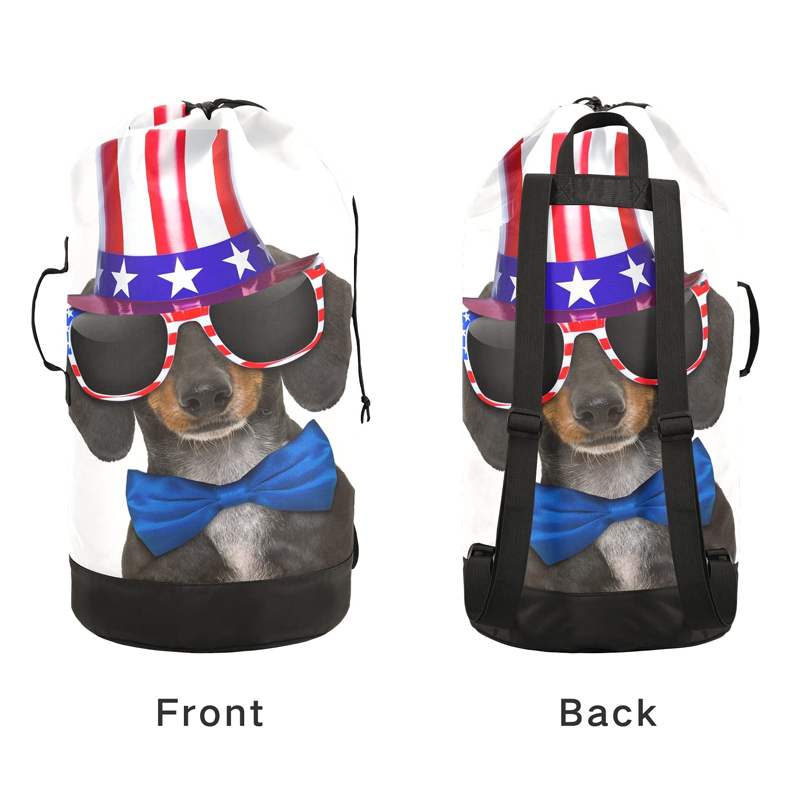 Dachshund Sausage Dog USA Flag Backpack - Adjustable Shoulder Straps Laundry Bag & Drawstring Hamper Basket for Dirty Clothes, Toy Storage - Perfect for Dorm, Travel, Camping & Pet Lovers
