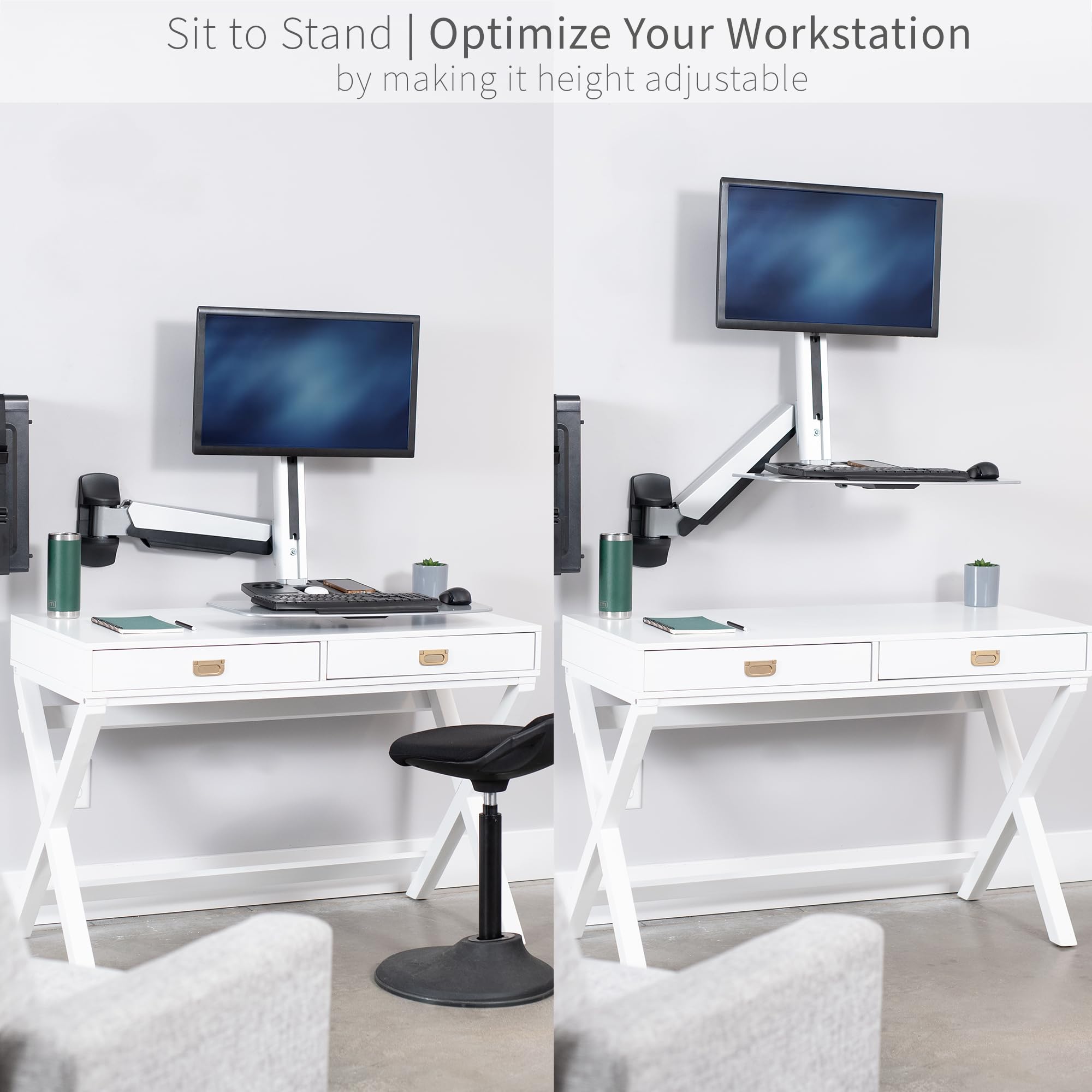 VIVO Single Monitor and Keyboard Wall Mount Stand - Adjustable Height Ergonomic Sit to Stand Workstation for Home & Office (STAND-SIT1W) - Perfect for Workspace Optimization and Healthy Posture