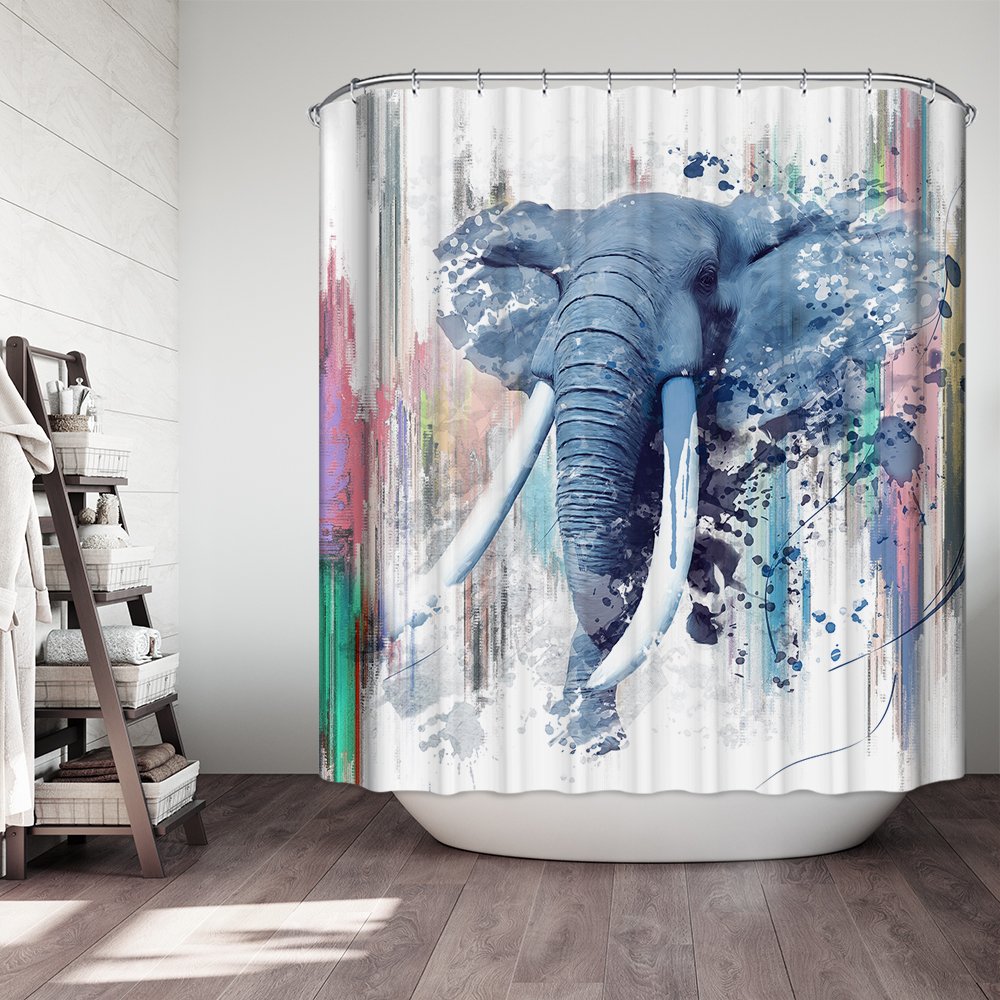 Blue Watercolor Elephant Shower Curtain - Waterproof Fabric Bathroom Decor with 12 Hooks, 69x84 Inches - Modern Tropical Theme for Kids & Adults Bathrooms, Spa-Like Shower Experience
