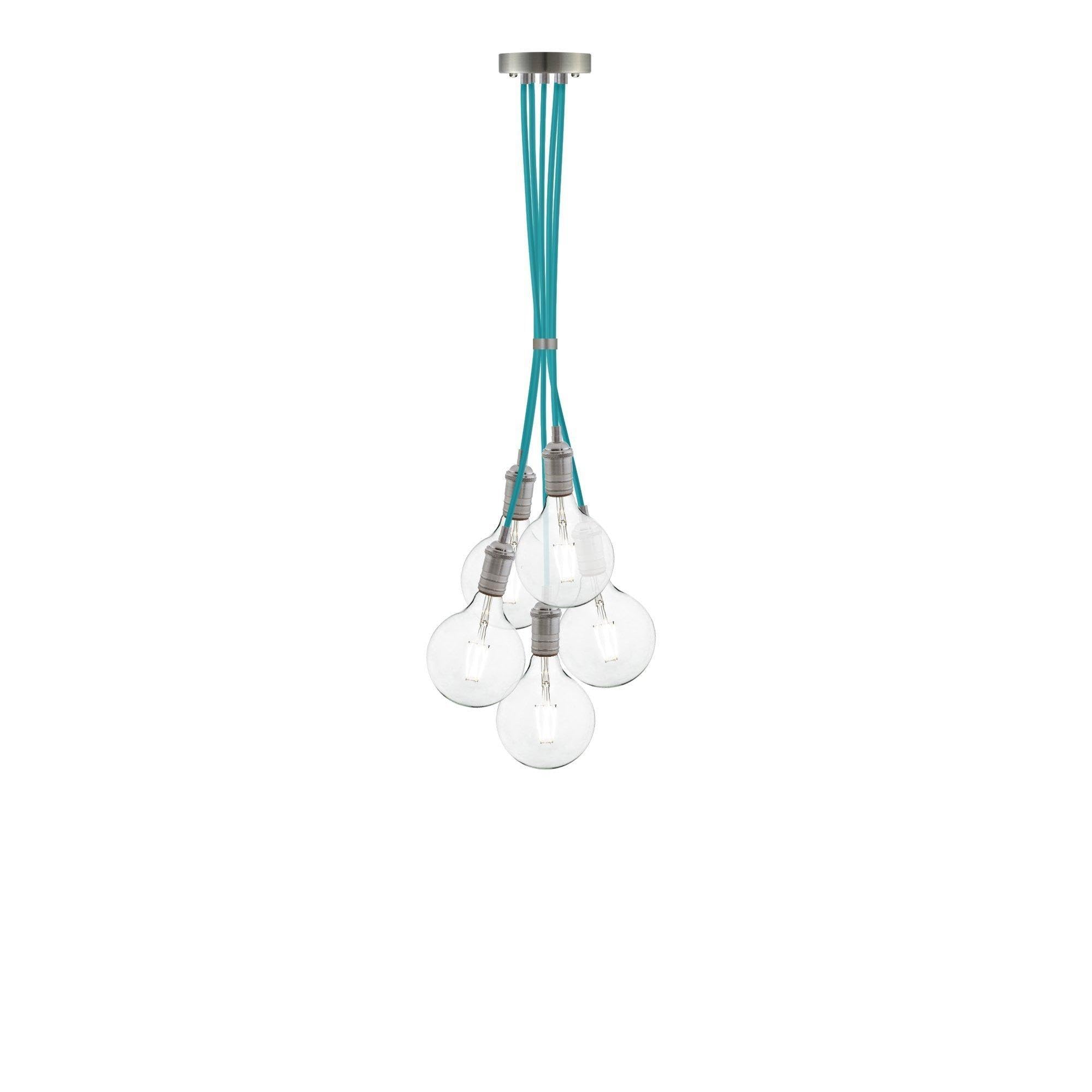 Vintage Nickel and Turquoise 5-Light Pendant Chandelier - Blue & Silver Ceiling Light Fixture for Dining Room, Bedroom, or Entryway