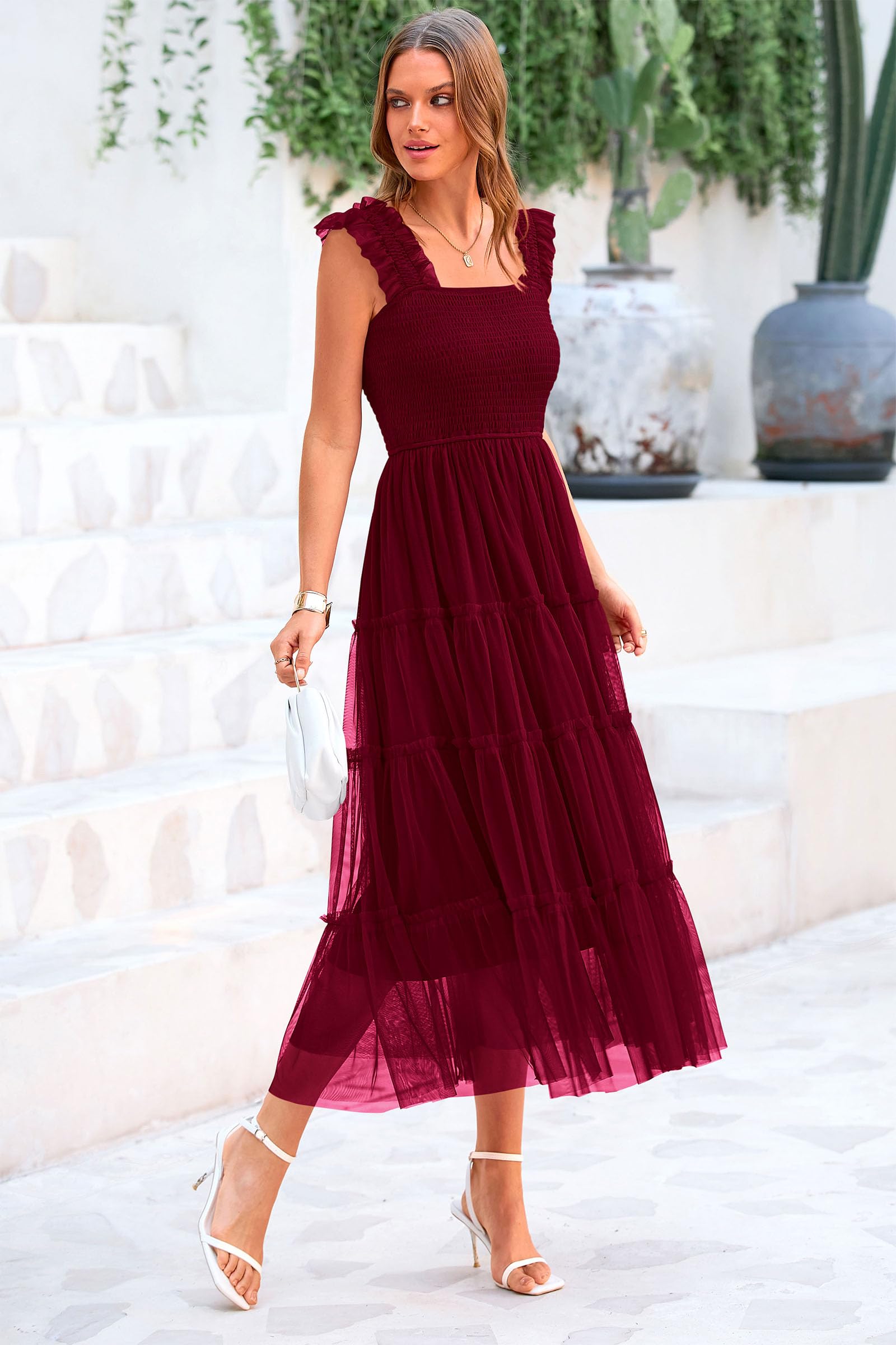 PRETTYGARDEN Women's Summer Midi Tulle Dress - Sleeveless Smocked Square Neck Ruffle Flowy Sundress for Wedding Guest, Party & Beach Vacation | Elegant A-Line Formal Dress for Bridesmaid, Cocktail & Special Occasions