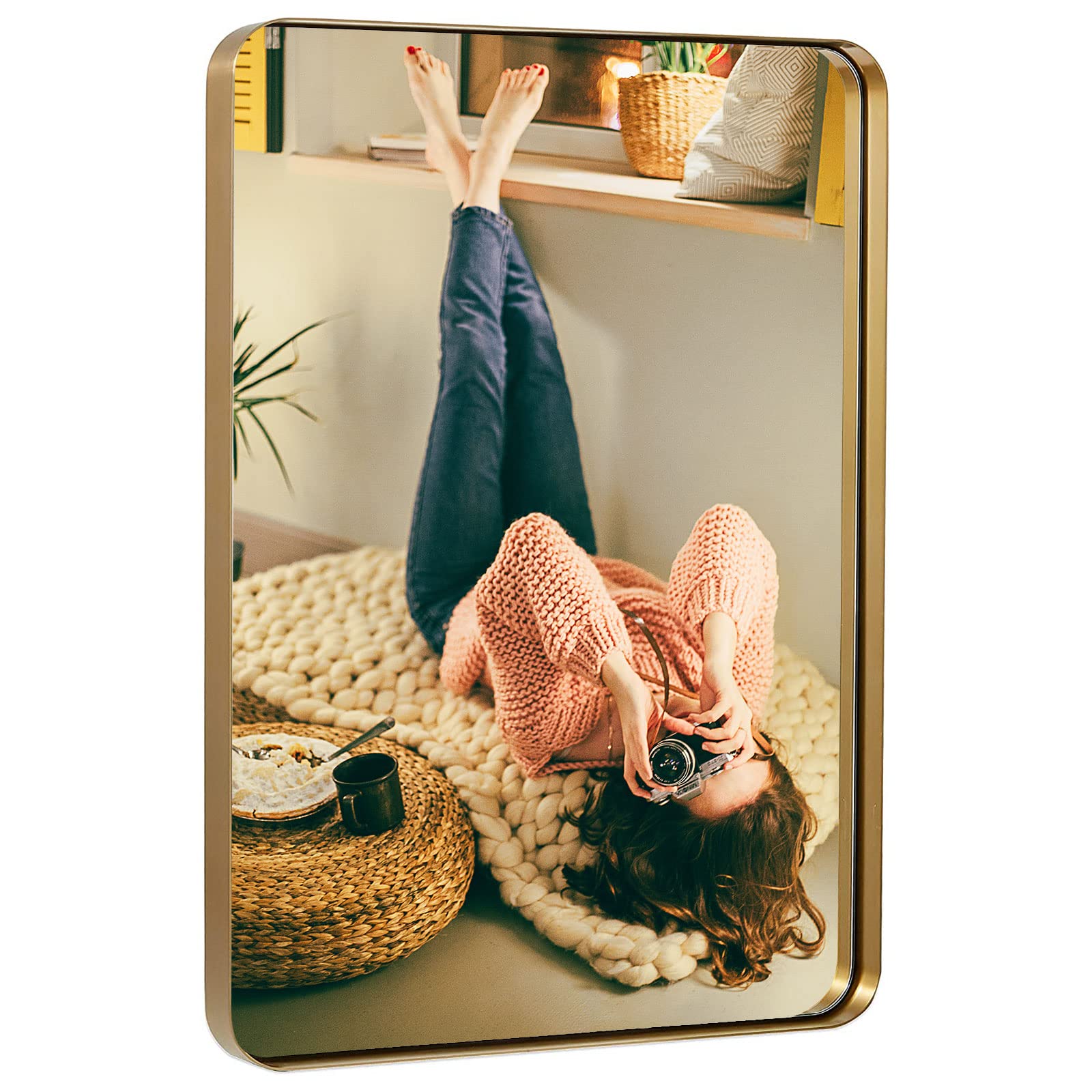 Gold Bathroom Mirror 22x30 Inch - Round Rectangle Vanity Mirror with Metal Frame, Horizontal/Vertical Hanging Decorative Mirror for Makeup, Entryway & Living Room - Perfect for Modern Home Decor & Vanity Setup