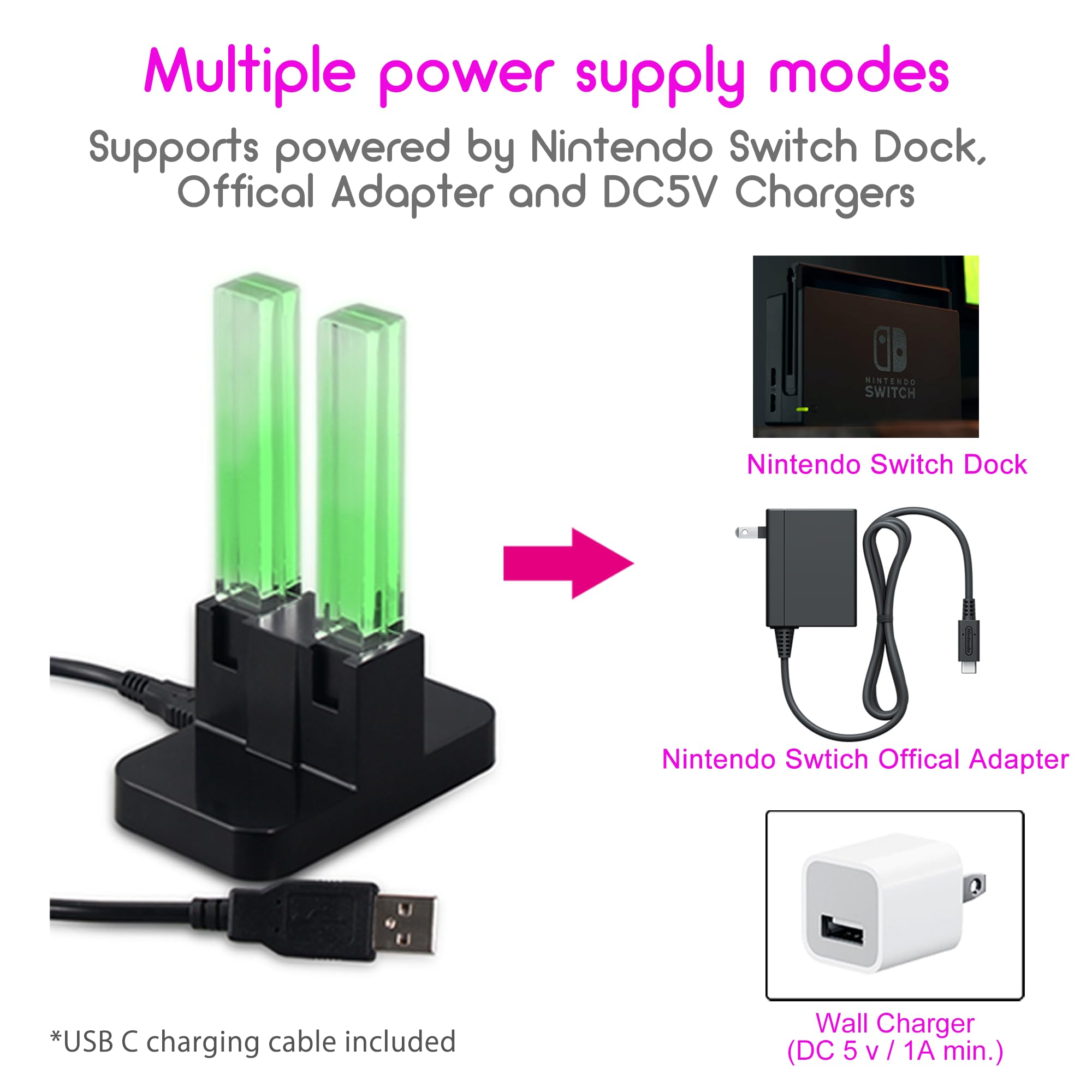 Nintendo Switch Joy-Con Controller Charging Dock - 4 in 1 Fast Charging Station with USB-C Cable for Joycon Controllers | Perfect for Gaming Setups, Travel & Multiplayer Sessions (Black)