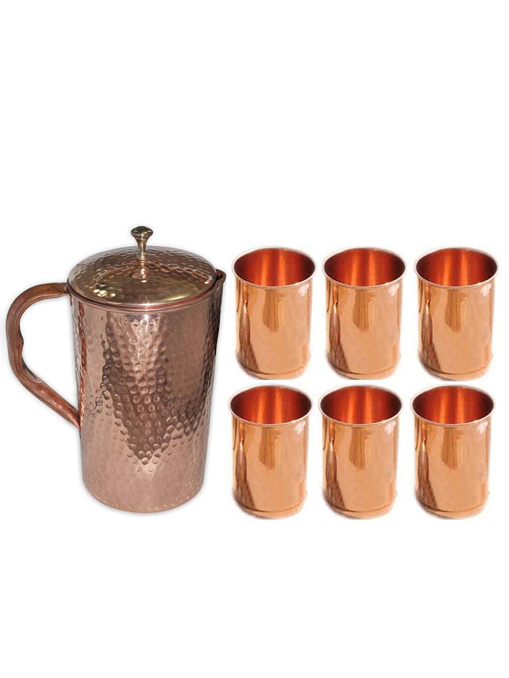 Handcrafted Hammered Copper Jug with 6 Plain Copper Glasses - Elegant Drinkware Set for Daily Use, Home Bar, and Rustic Kitchen Decor