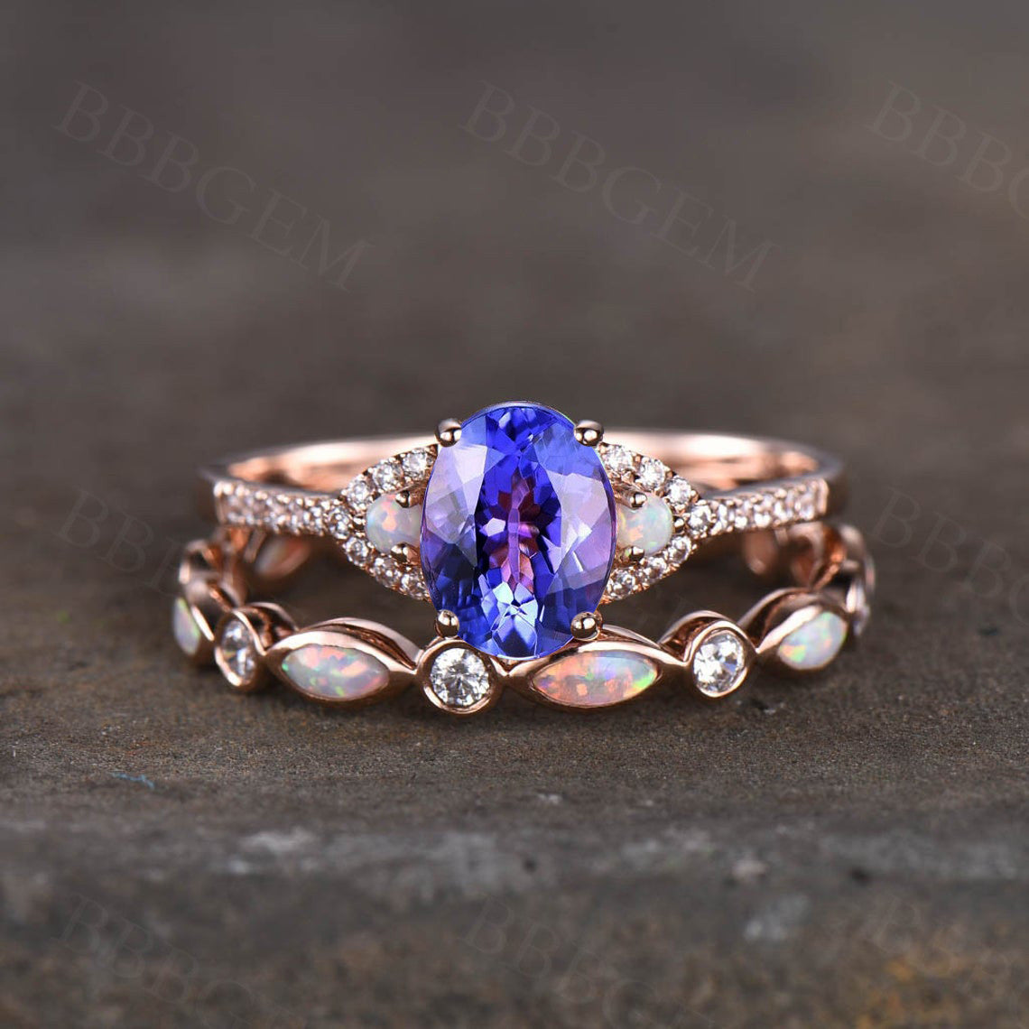 Exquisite Tanzanite & Opal Art Deco Wedding Ring Set - Matching Engagement & Band for Women - Perfect for Bridal, Anniversary & Special Occasions
