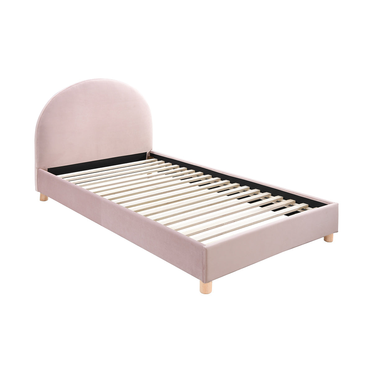 Archie Velvet King Single Bed Frame - Blush Pink Upholstered Platform Bed with Wooden Slats, Perfect for Small Bedrooms, Guest Rooms & Dormitories