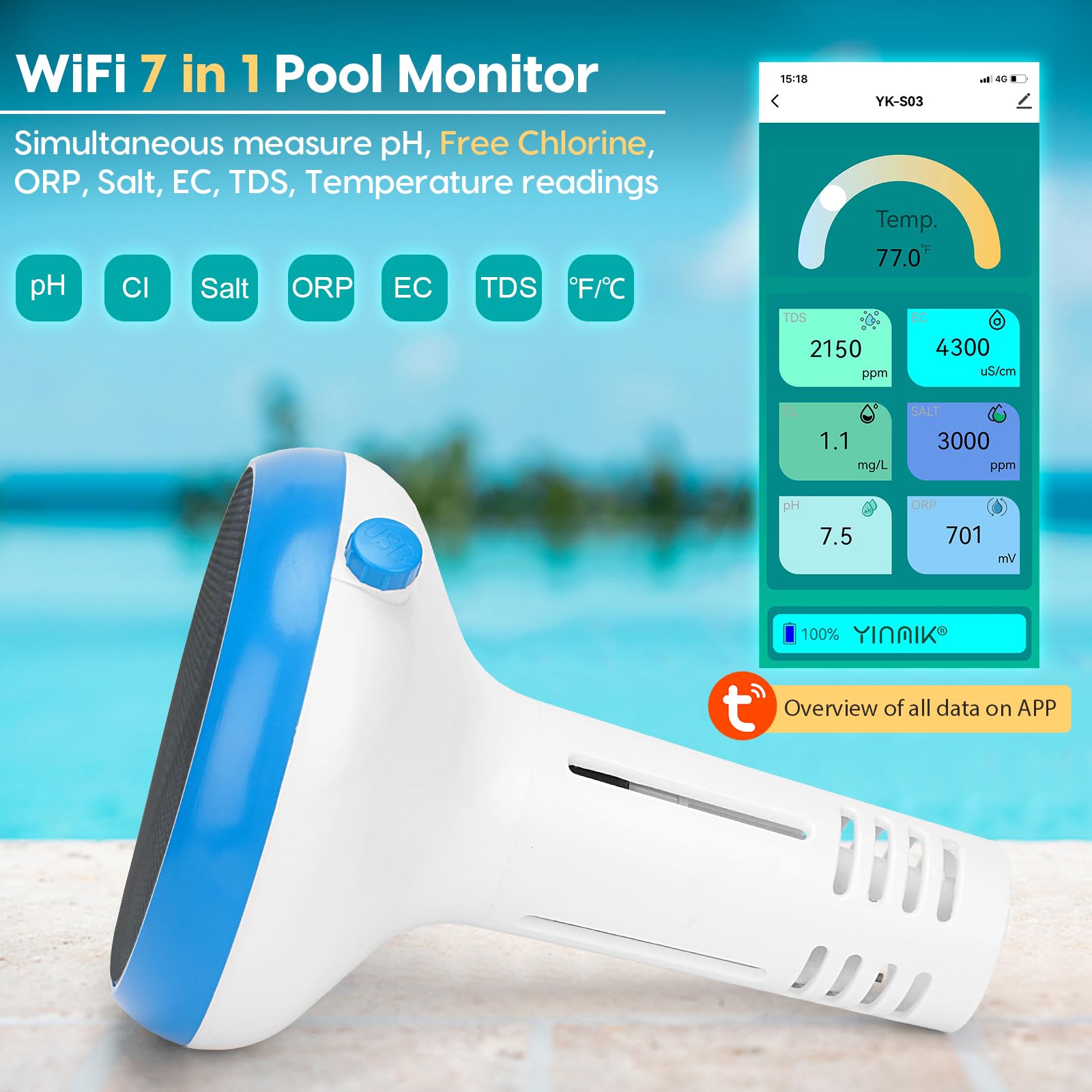 Smart 7-in-1 Pool Water Tester - Digital pH, Chlorine, Salinity, ORP, EC, TDS & Temperature Monitor for Swimming Pools, Saltwater Pools, Spas & Hot Tubs | Perfect for Inground & Above Ground Pool Maintenance